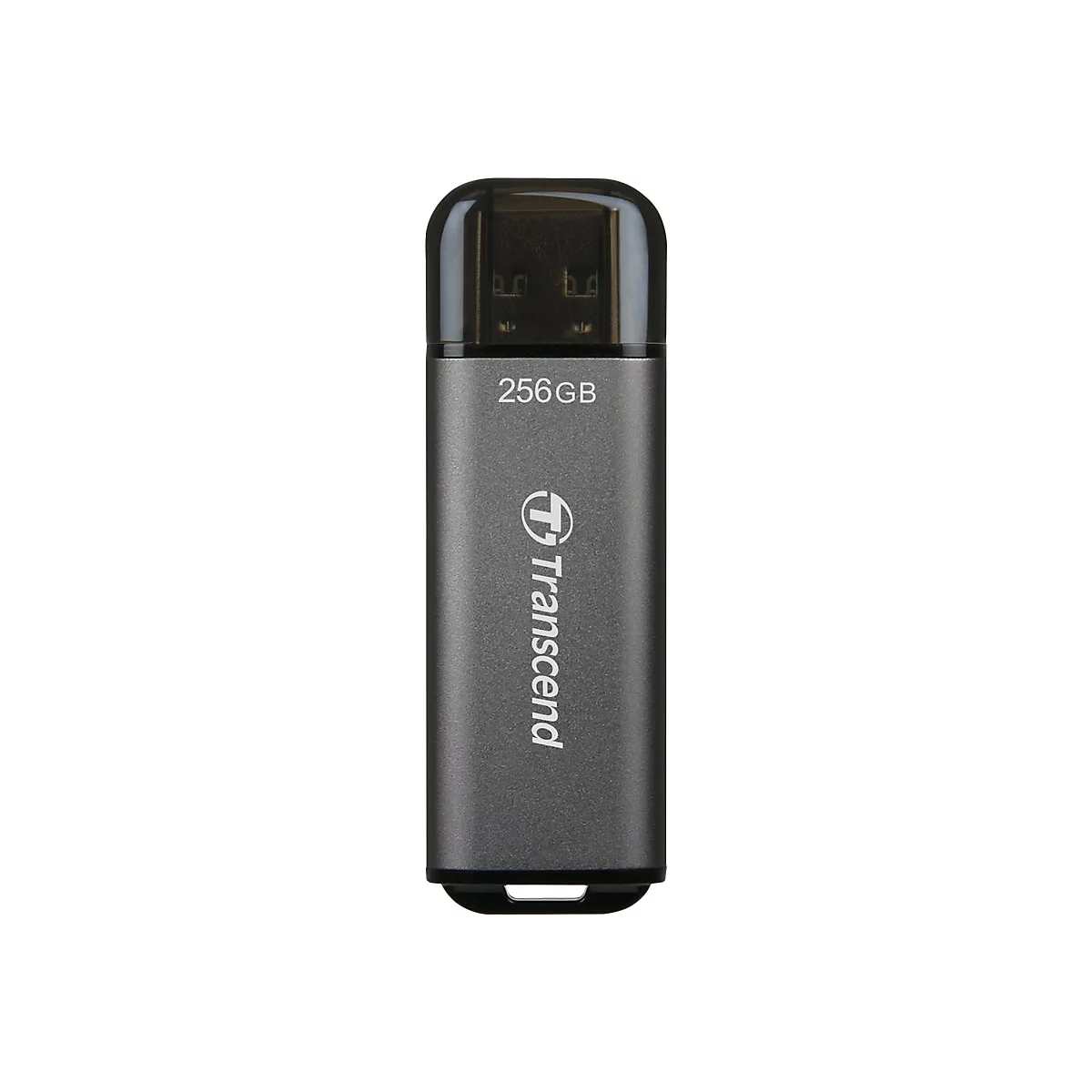 ClÃ© USB Transcend grise avec capuchon noir. Inscription : 256 Go.
