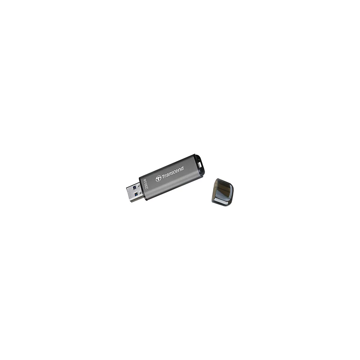 Une clÃ© USB Transcend grise avec le capuchon retirÃ©. Inscription '256 Go' et 'Transcend'.