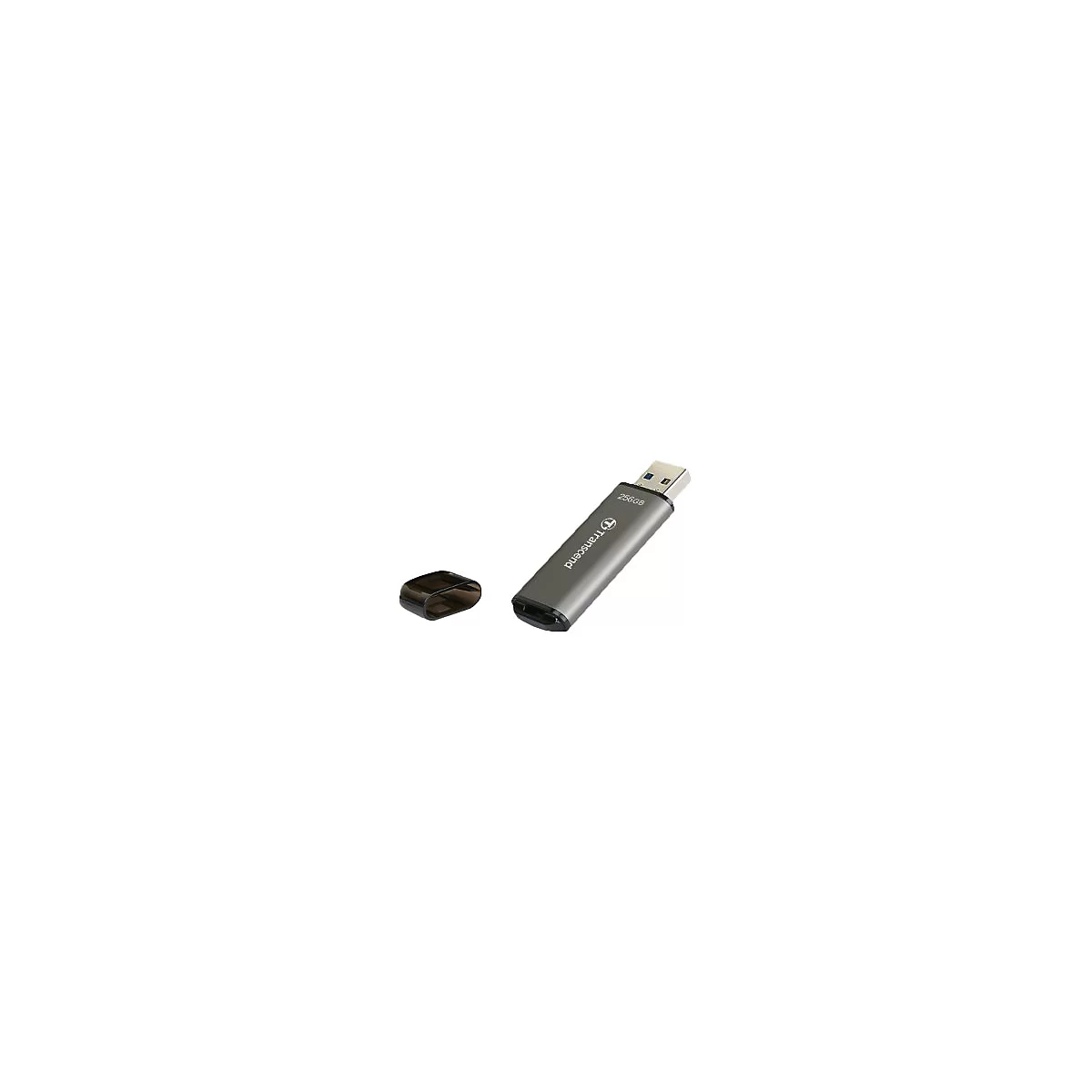 ClÃ© USB grise avec capuchon noir. La clÃ© indique Transcend et 256GB.