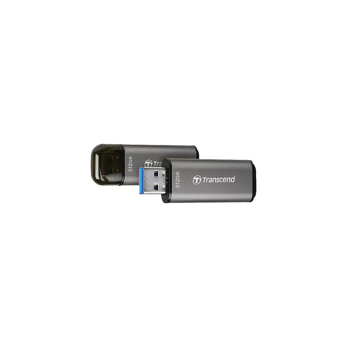 Deux clÃ©s USB argentÃ©es avec le logo Transcend et l'inscription 512 Go sur fond blanc.