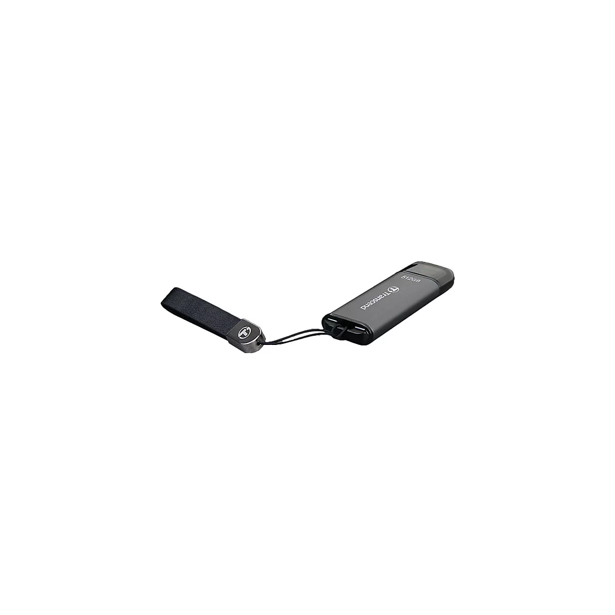 ClÃ© USB grise avec dragonne, marque Transcend. Inscription 512 Go.