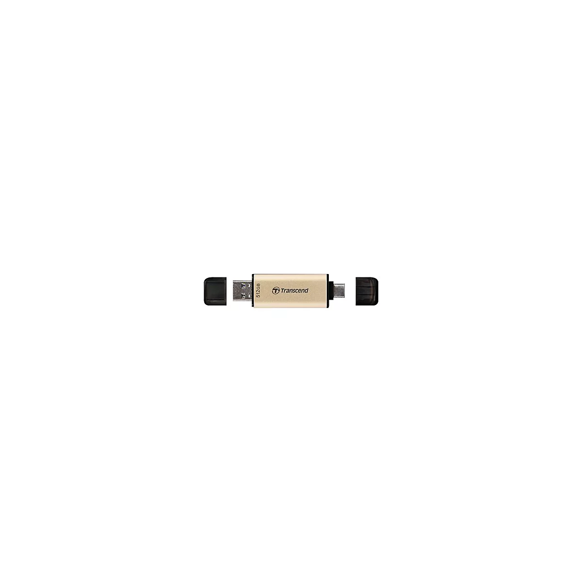 ClÃ© USB dorÃ©e avec capuchons noirs ouverts. ImprimÃ©: 512 Go et logo Transcend.