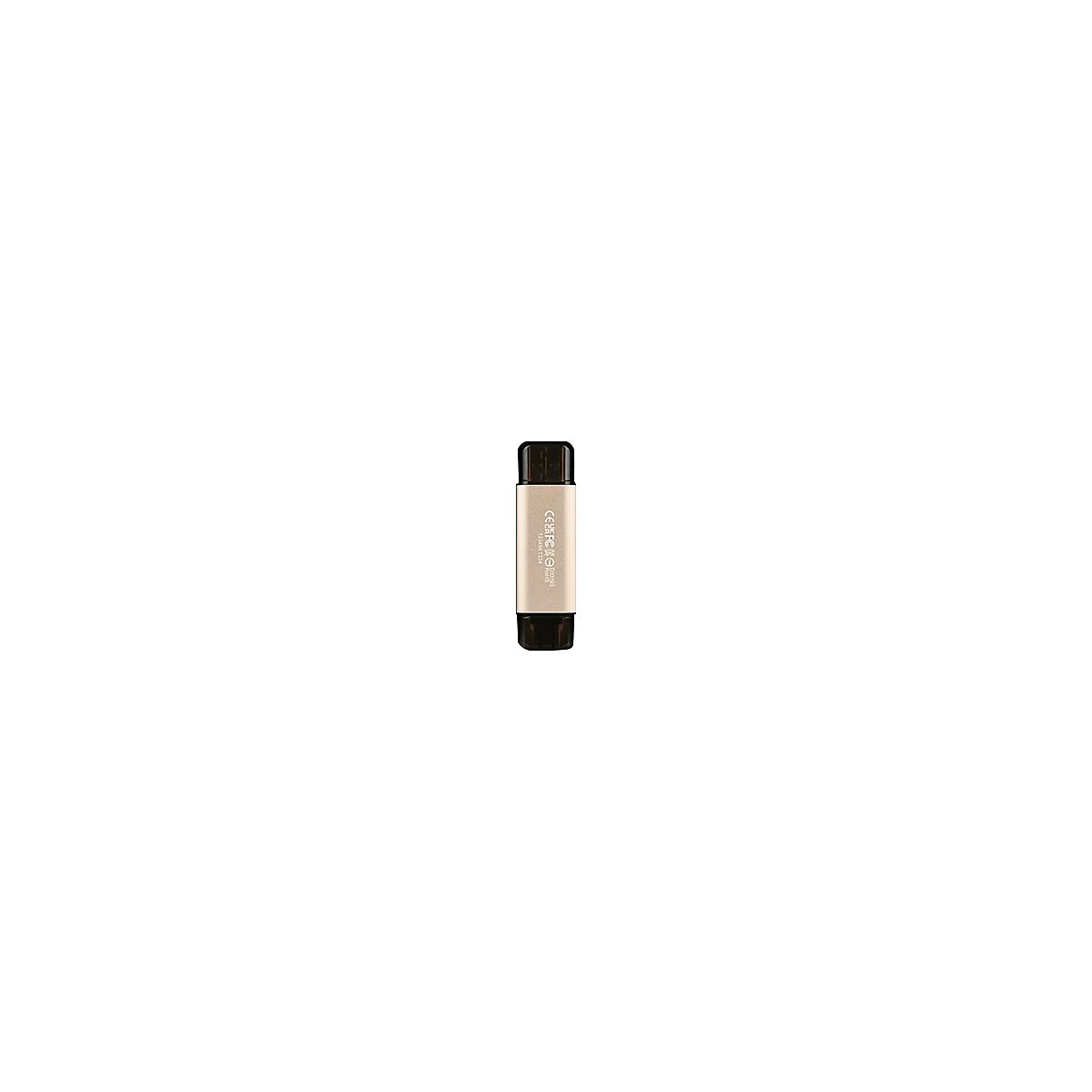 Goldener USB-Stick mit schwarzer Kappe vor weißem Hintergrund.