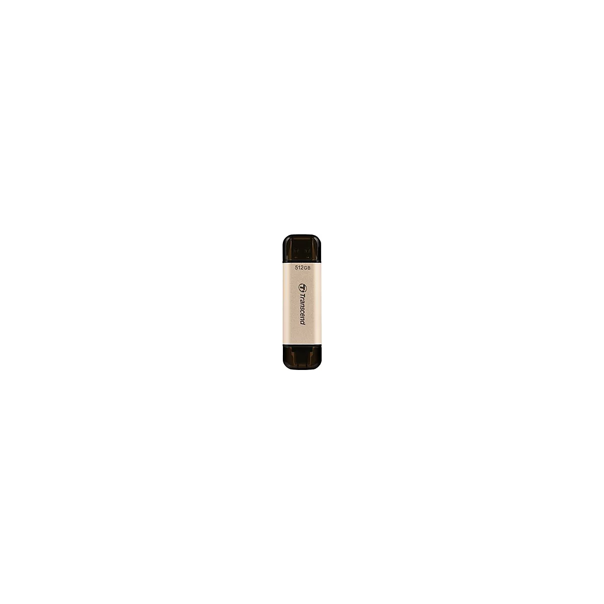 Goldener Transcend USB-Stick mit 512GB Speicher und zwei schwarzen Schutzkappen vor weißem Hintergrund.