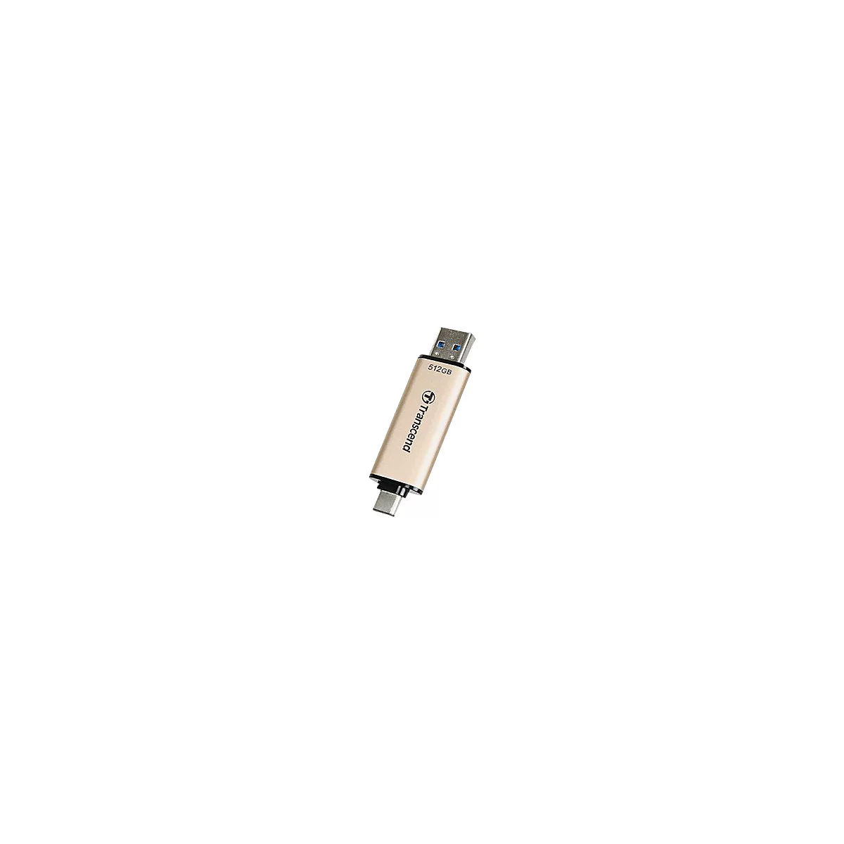 Goldfarbener USB-Stick, mit "Transcend"-Logo und "512GB" Schriftzug. Anschlüsse: USB-A und USB-C.