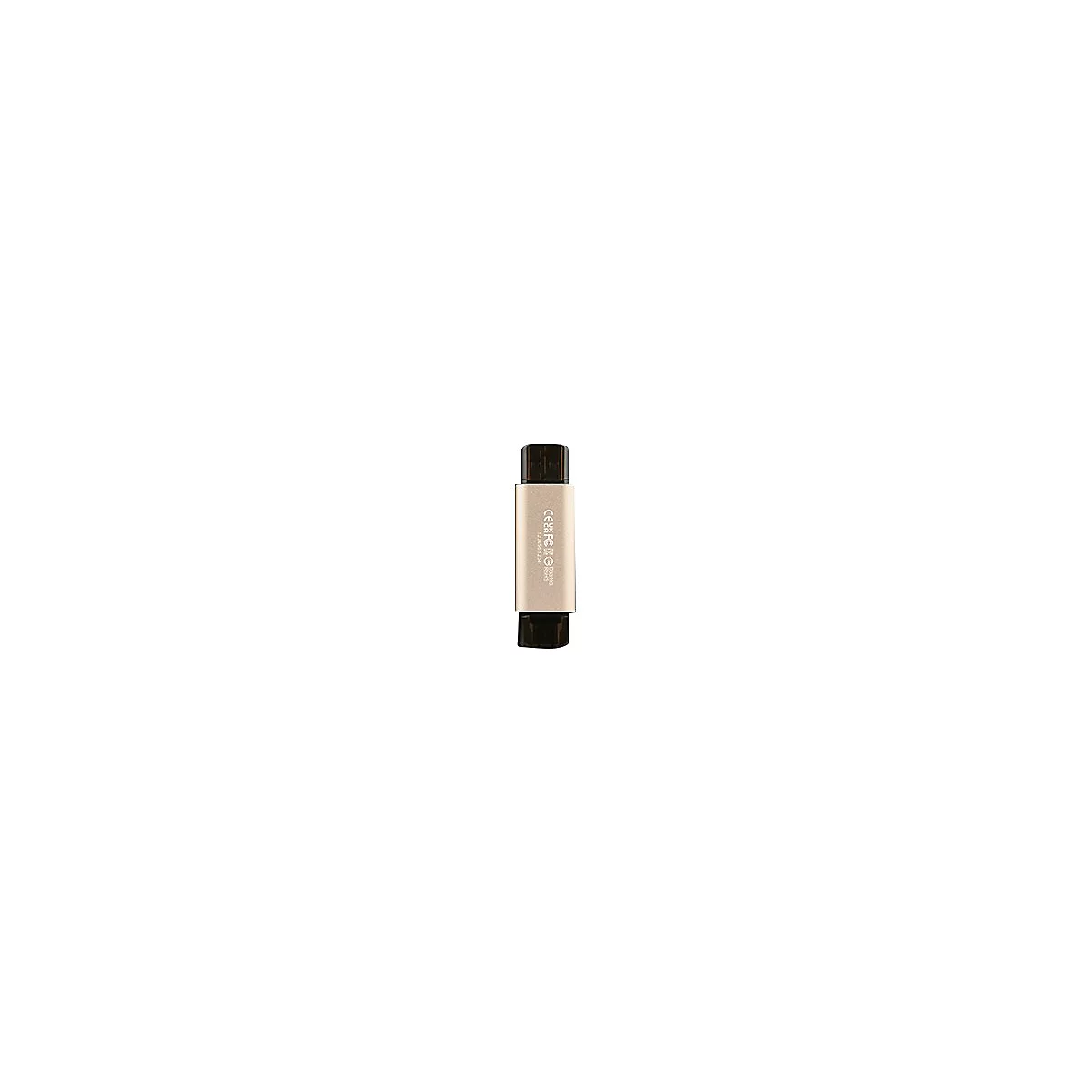 Goldener USB-Stick mit schwarzem Stecker vor weißem Hintergrund.