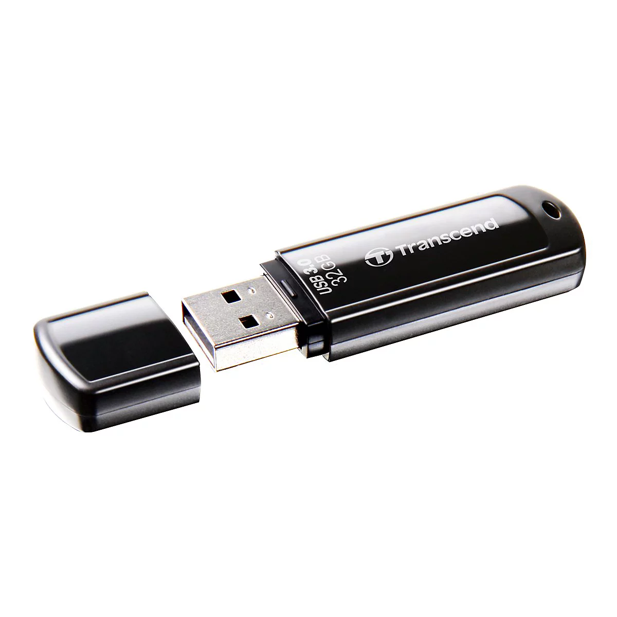 Clé USB noire avec le capuchon ouvert. "Transcend" et "USB 3.0 32GB" sont inscrits sur la clé.