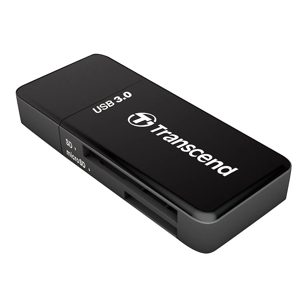 Schwarzer USB 3.0 Kartenleser von Transcend. SD- und microSD-Kartenleser.