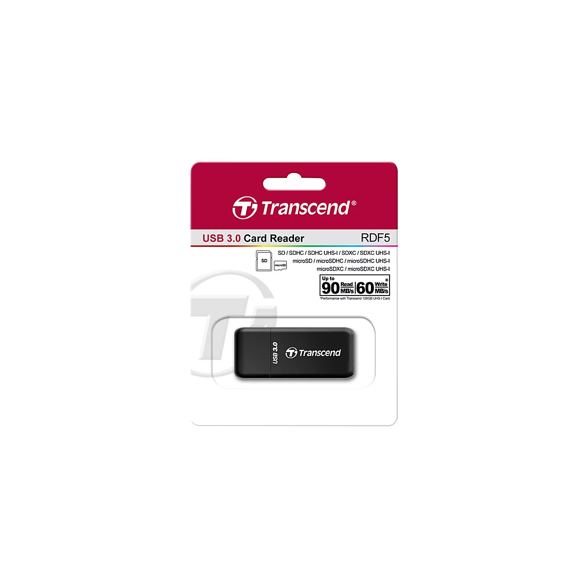 Schwarzer USB-Kartenleser mit Verpackung. Aufdruck: Transcend, USB 3.0, RDF5, bis zu 90MB/s lesen, 60MB/s schreiben.