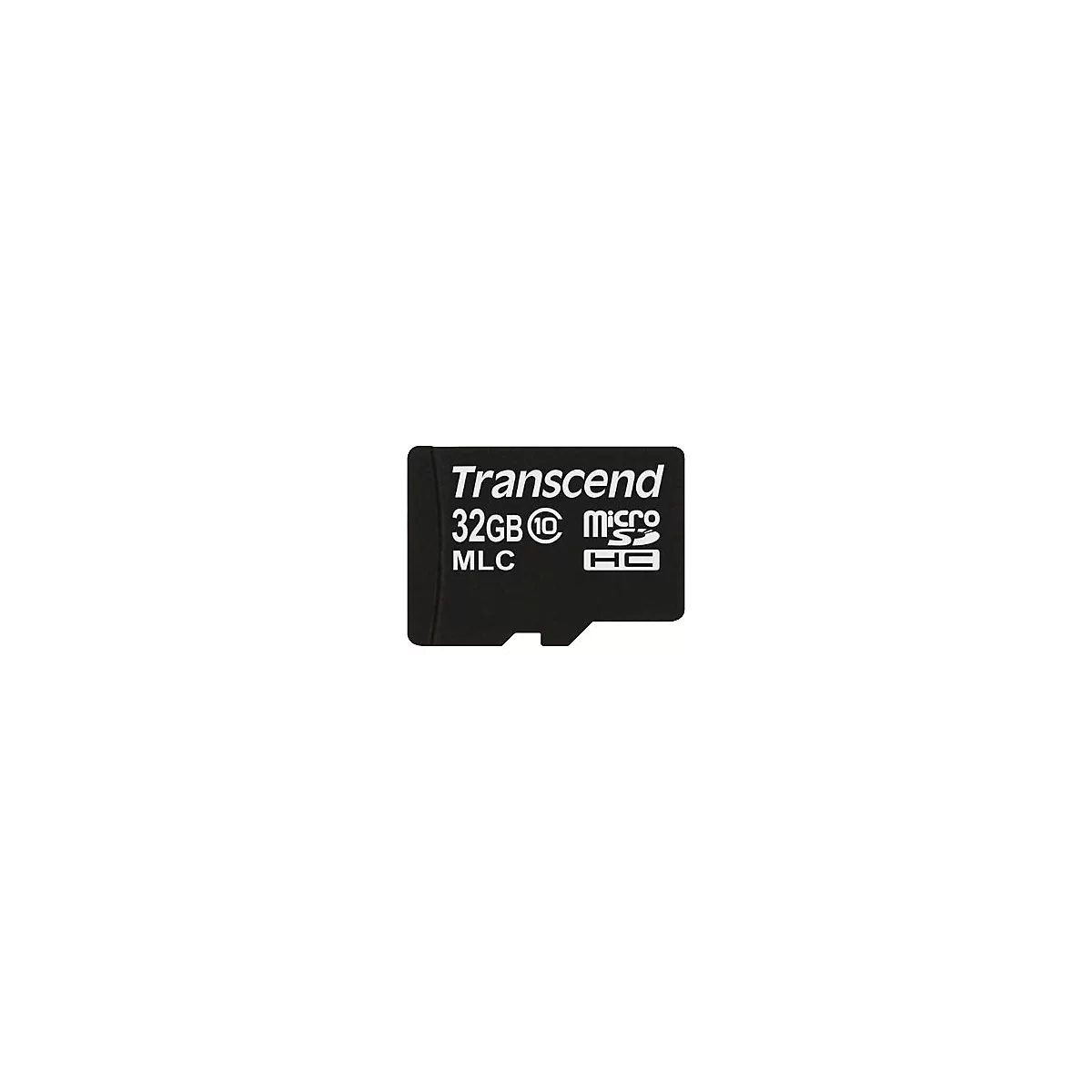 Carte micro SD Transcend noire avec lettrage blanc : 'Transcend 32 Go MLC micro SDHC'.