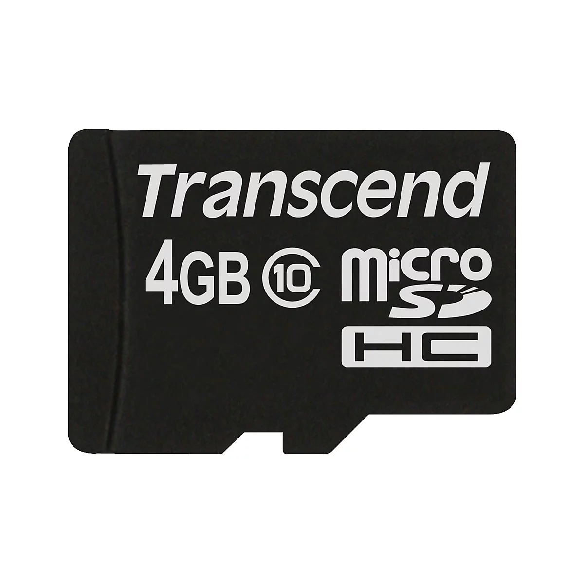 Schwarze microSD-Karte mit weißem "Transcend 4GB micro HC" Aufdruck. Abgerundete Ecken und Aussparung unten.