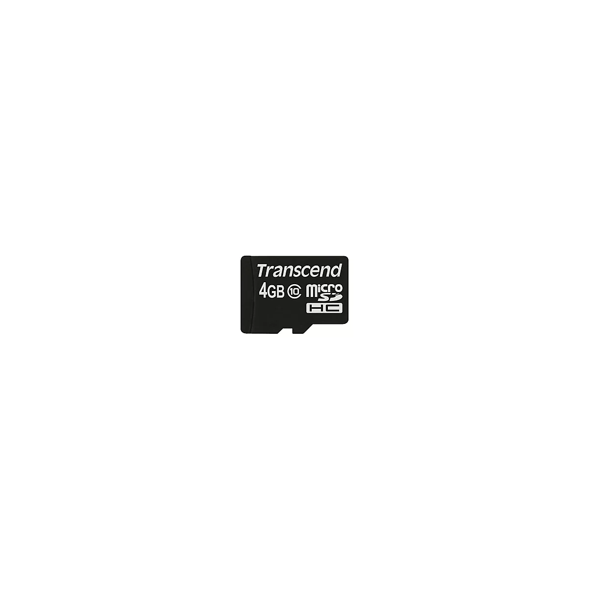 Schwarze Transcend Micro SD Karte, 4GB, Schriftzug 'Transcend', '4GB', 'micro SD HC'.