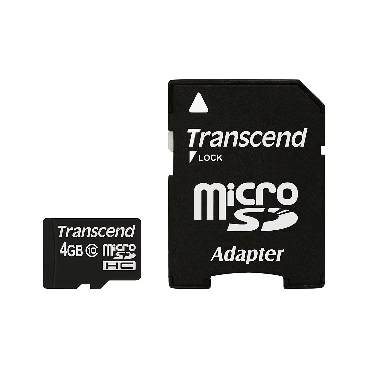 Eine schwarze Micro-SD-Karte und ein Adapter. Die Karte trÃ¤gt den Schriftzug Transcend 4GB Micro SDHC. Der Adapter hat den Schriftzug Transcend Micro SD Adapter.