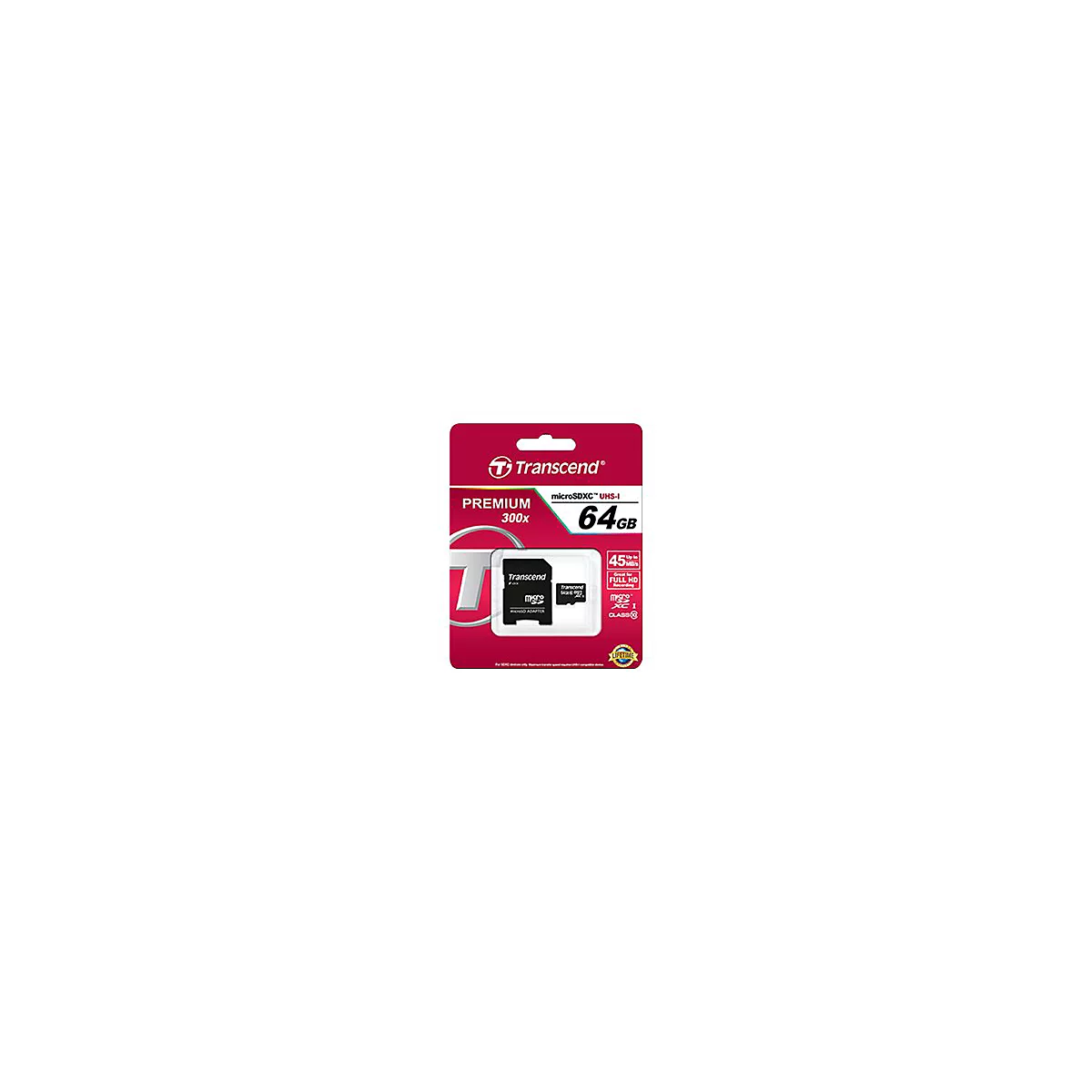Transcend Premium - Flash-Speicherkarte (microSDHC/SD-Adapter inbegriffen) - 64 GB - UHS Class 1 / Class10 - 300x - microSDXC UHS-I