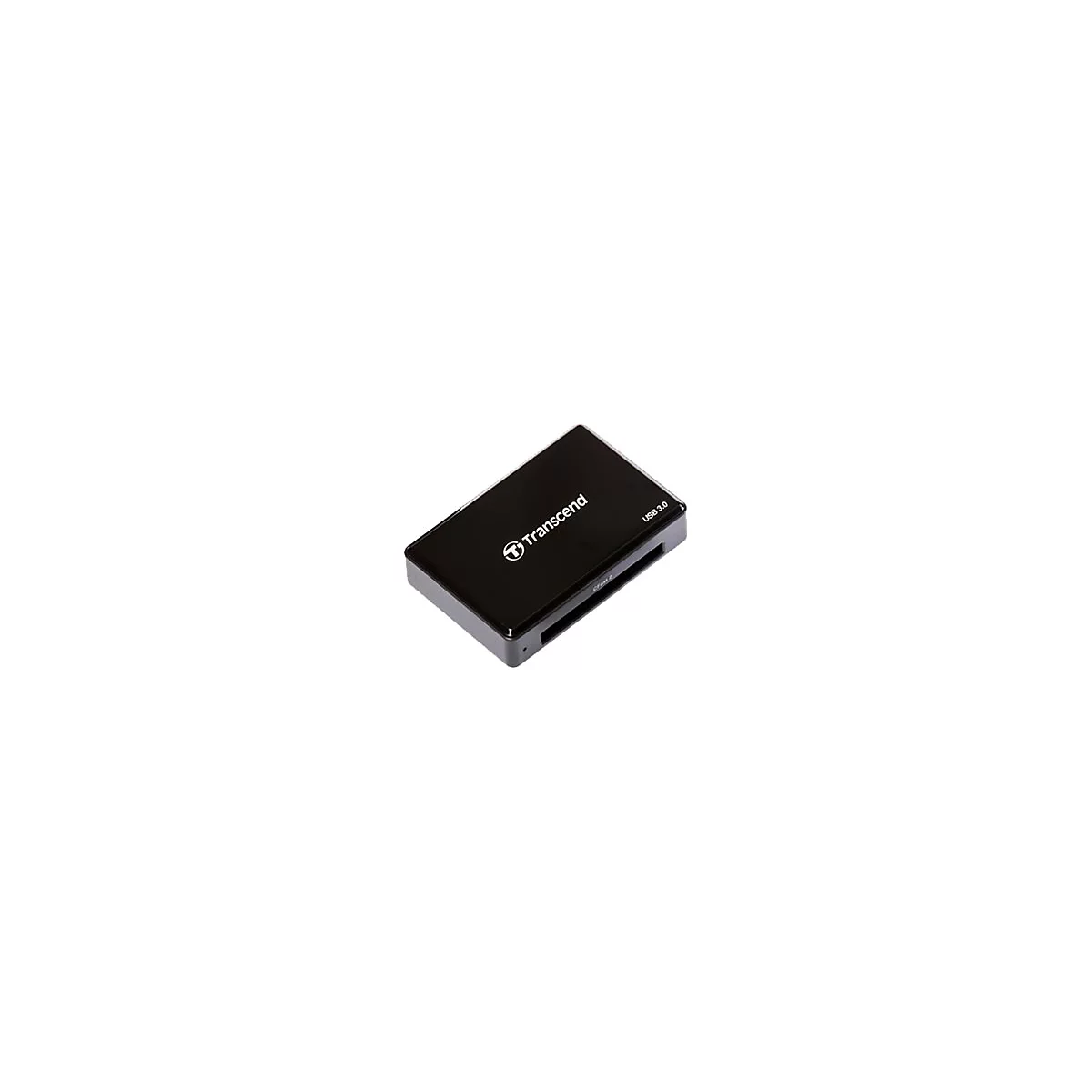 Schwarzer Kartenleser von Transcend mit USB 3.0-Logo. Aufschrift: Transcend und CFast 2.