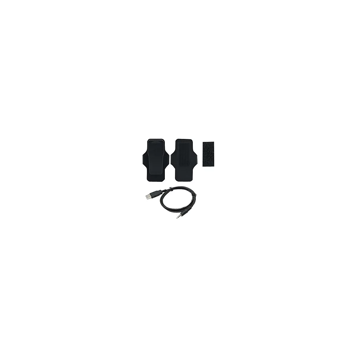 Schwarze Gürtelclips, ein Klettverschluss-Pad und ein USB-auf-Klinke-Kabel auf weißem Hintergrund.