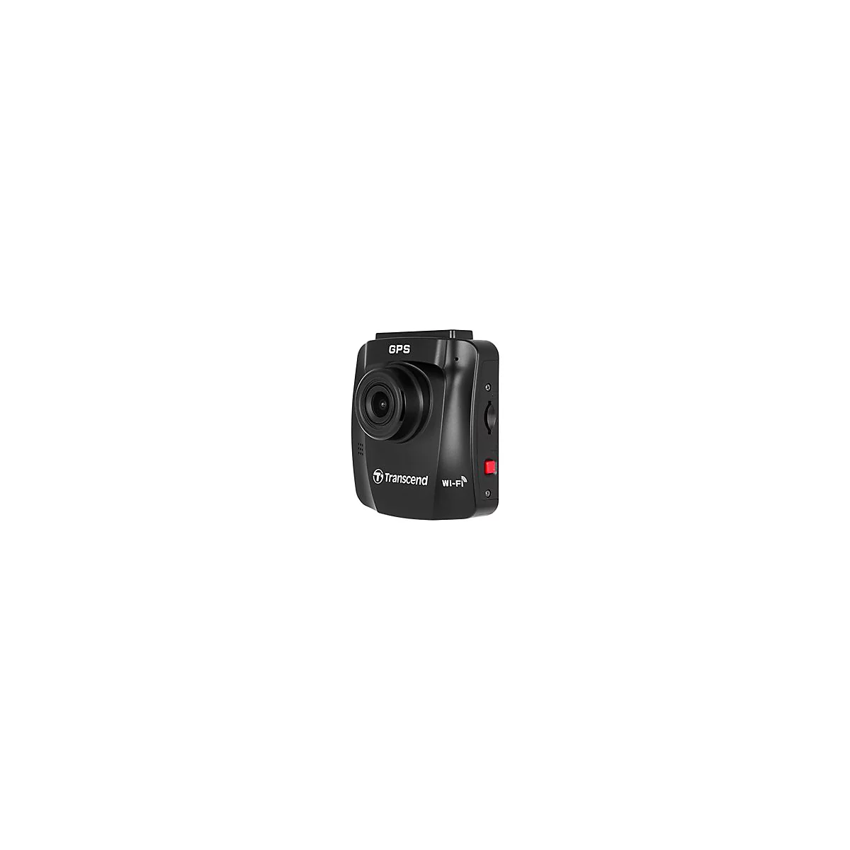 Dashcam noire avec objectif, GPS et logo Wi-Fi. Bouton rouge et texte "Transcend".