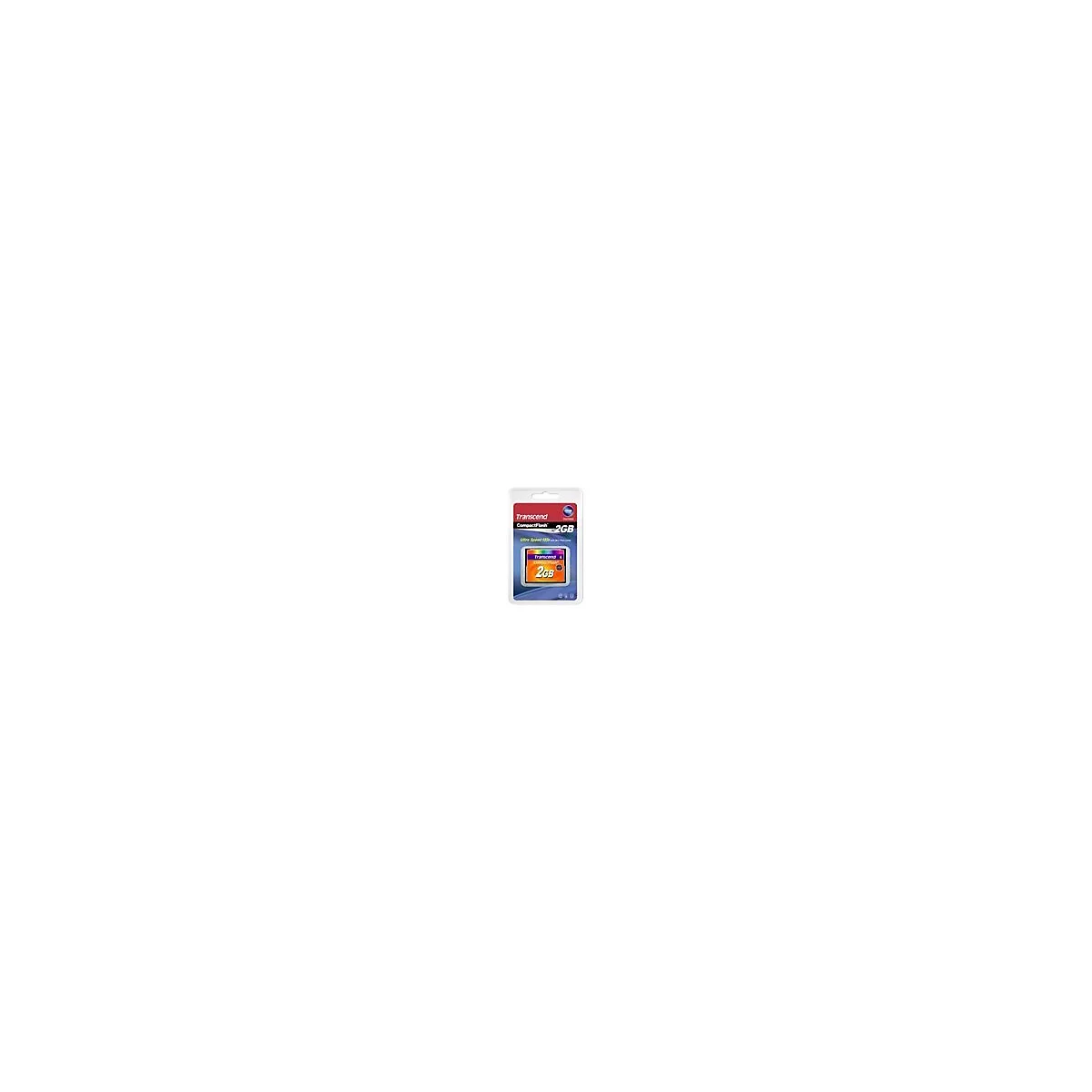 Un emballage plastique transparent présente une carte mémoire CompactFlash Transcend, 2 Go, avec un fond rouge et bleu.