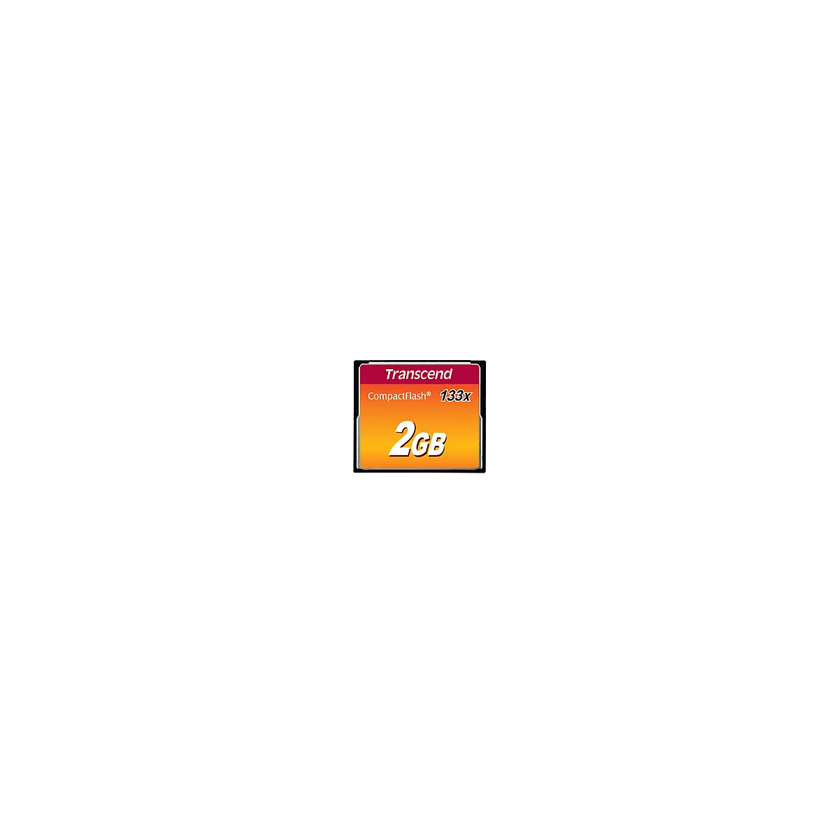 Gros plan d'une carte CompactFlash avec l'inscription "Transcend", "CompactFlash® 133x" et "2GB" sur un fond jaune-orangé.