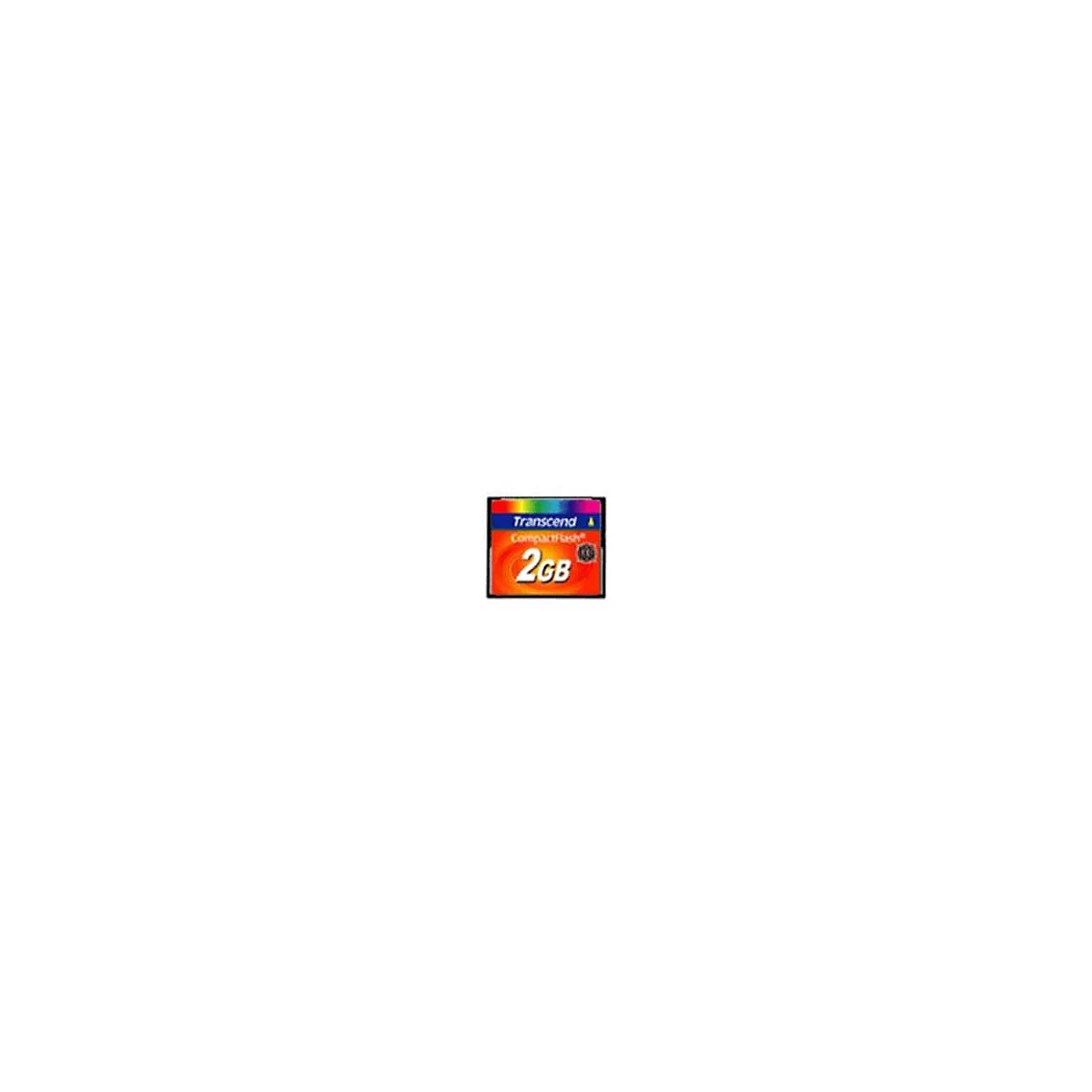 Une carte mémoire CompactFlash carrée, principalement orange, avec des lettres bleues et arc-en-ciel. La carte indique "Transcend CompactFlash" et "2GB".