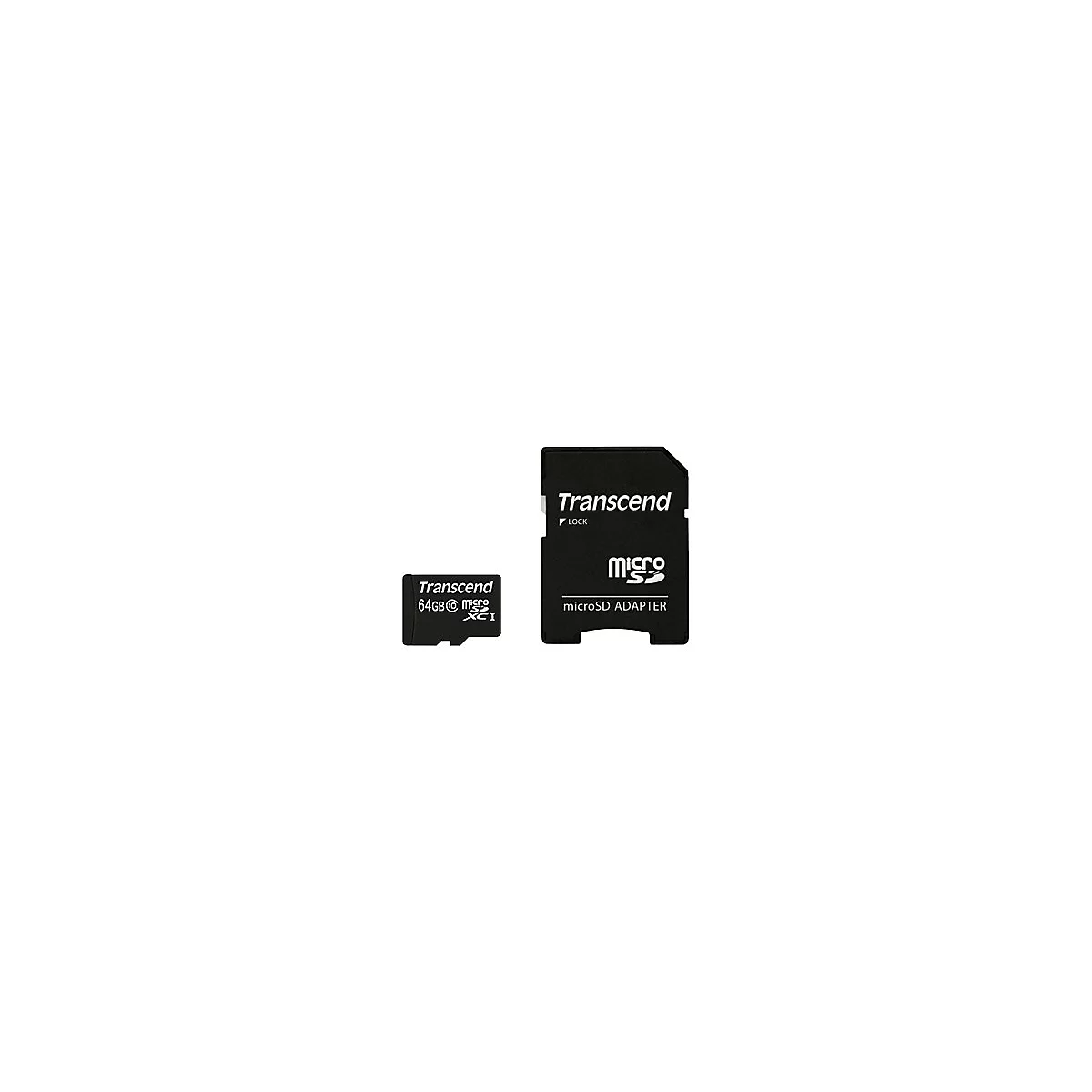 Deux cartes mémoire noires sur fond blanc. Une carte microSD et un adaptateur de carte SD. Les deux indiquent Transcend.