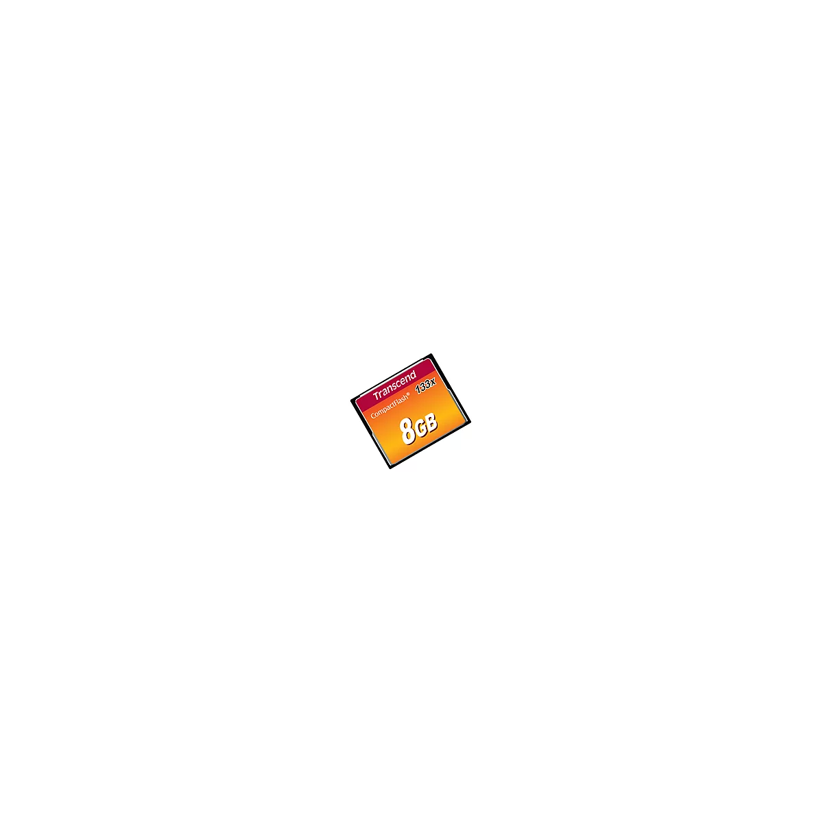 Gros plan sur une carte mémoire CompactFlash Transcend, 8 Go, 133x. Le fond est blanc.