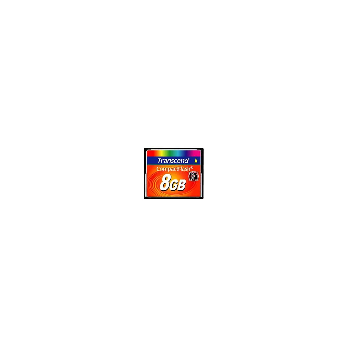 Gros plan sur une carte mémoire CompactFlash Transcend. La carte affiche "8 Go", "133x" et le nom de la marque.