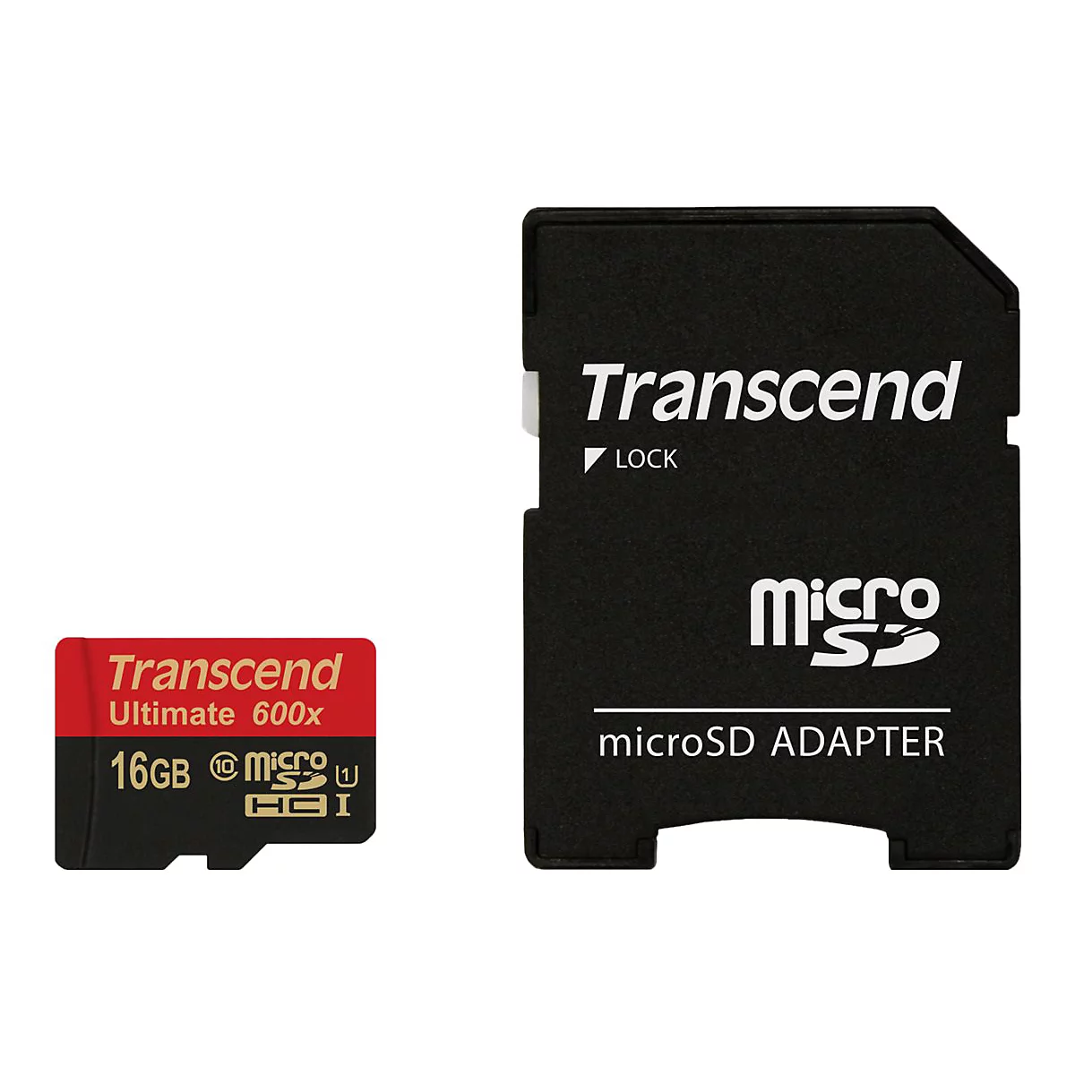 Zwei schwarze Speicherkarten mit dem Markenlogo Transcend, eine davon in einem roten Gehäuse. Aufschrift: 16 GB, microSD Adapter.