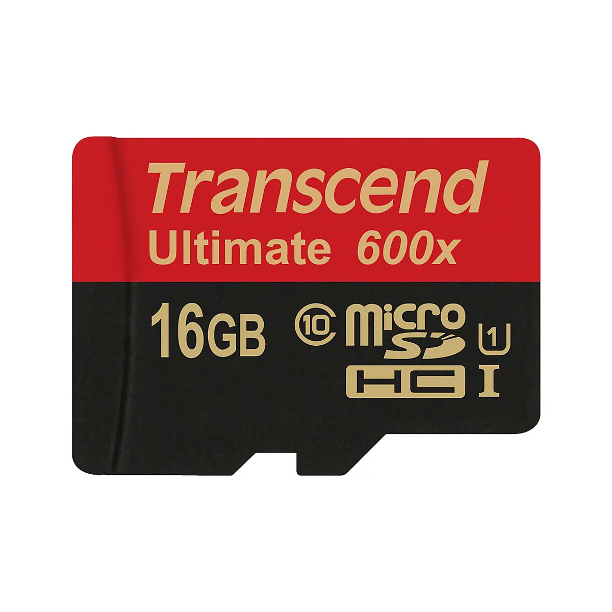 Eine rote und schwarze Transcend MicroSD-Karte. Oben steht Transcend Ultimate 600x, darunter 16GB, micro SDHC I.
