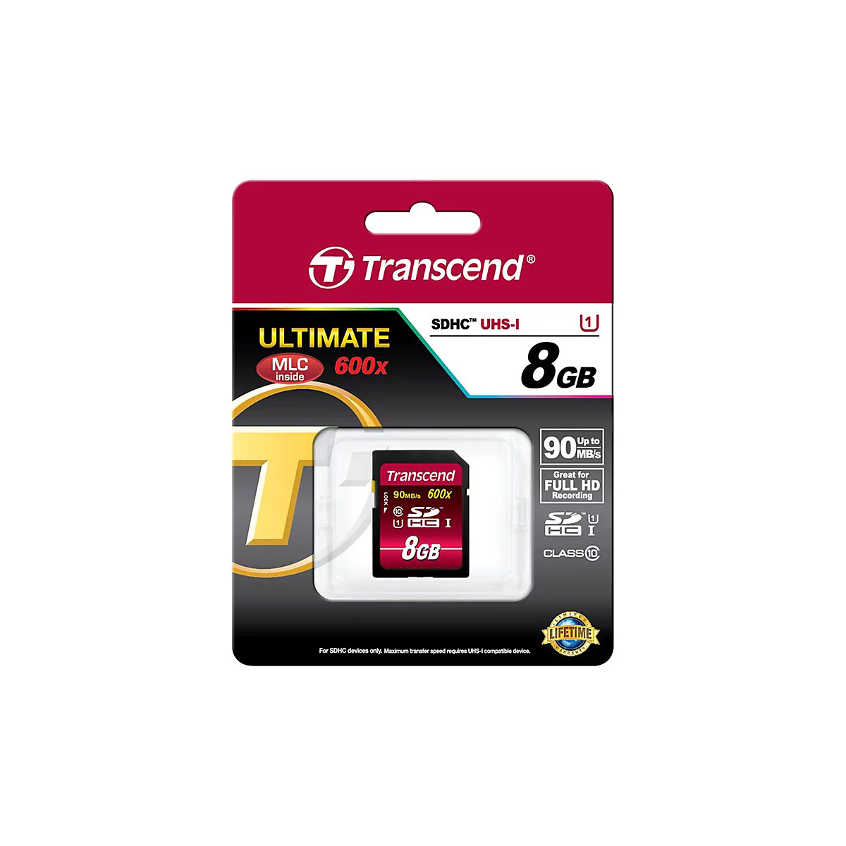 SD-Karte von Transcend, 8GB, in Verpackung. Aufschrift: Ultimate, SDHC UHS-I, 600x.