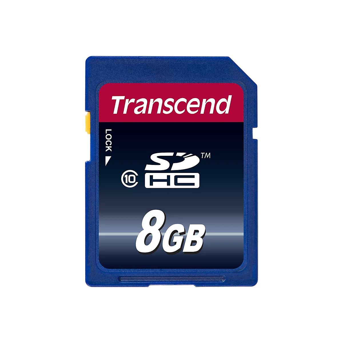 Blaue SD-Karte mit rotem Aufkleber "Transcend", 8GB Kapazität.