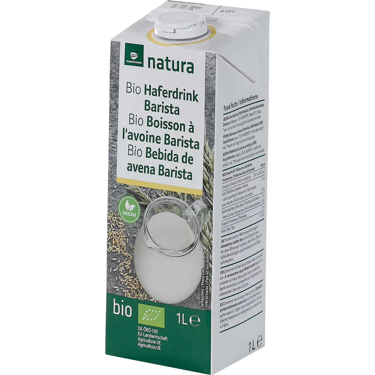 Transgourmet natura Bio Haferdrink Barista, 1 Liter, vegan