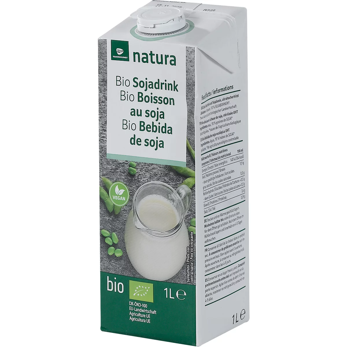 Transgourmet natura Bio Sojadrink, ultrahocherhitzt, ungesüßt, vegan, 1 Liter
