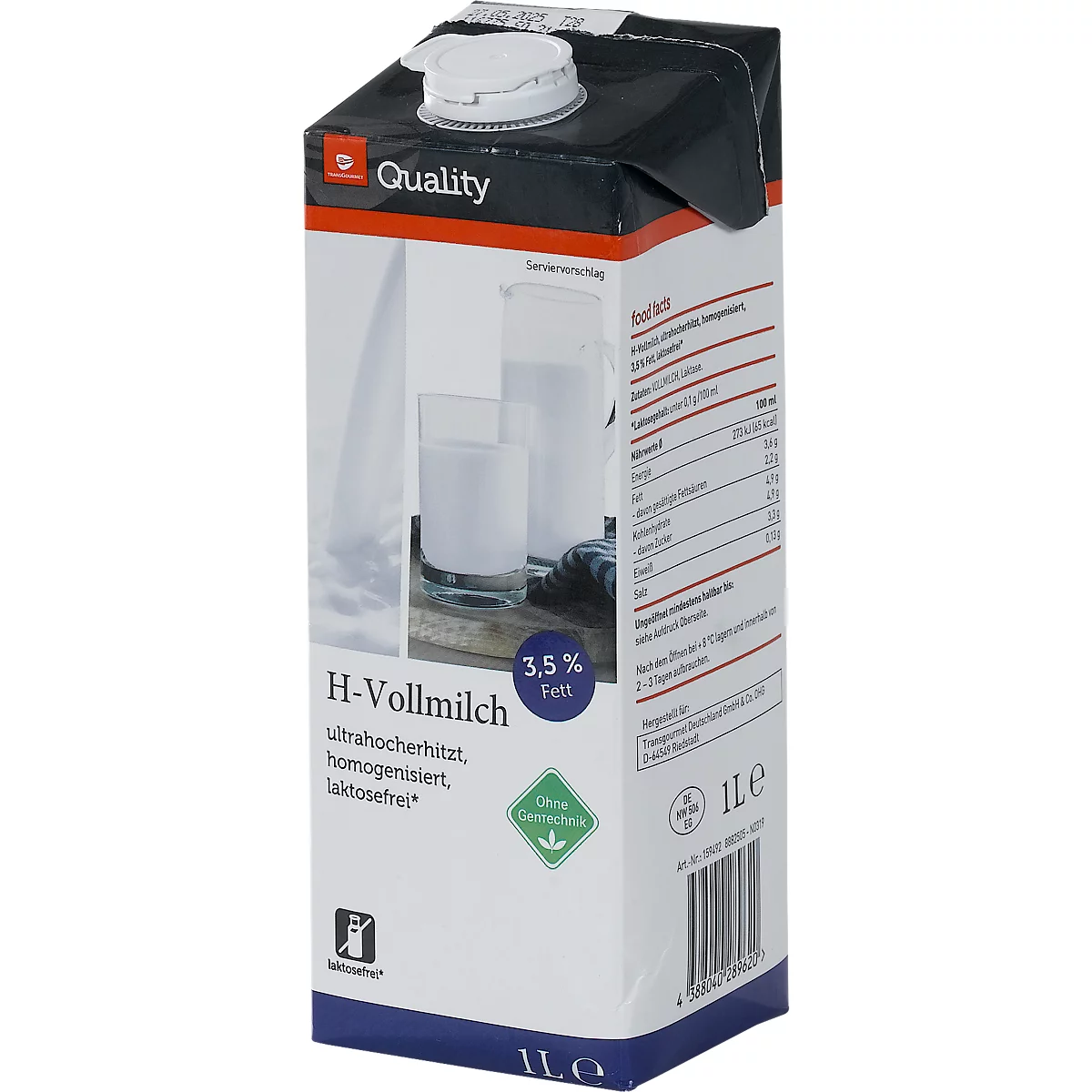 Transgourmet Quality H-Milch, laktosefrei, vegetarisch, 3,5%, 1 Liter