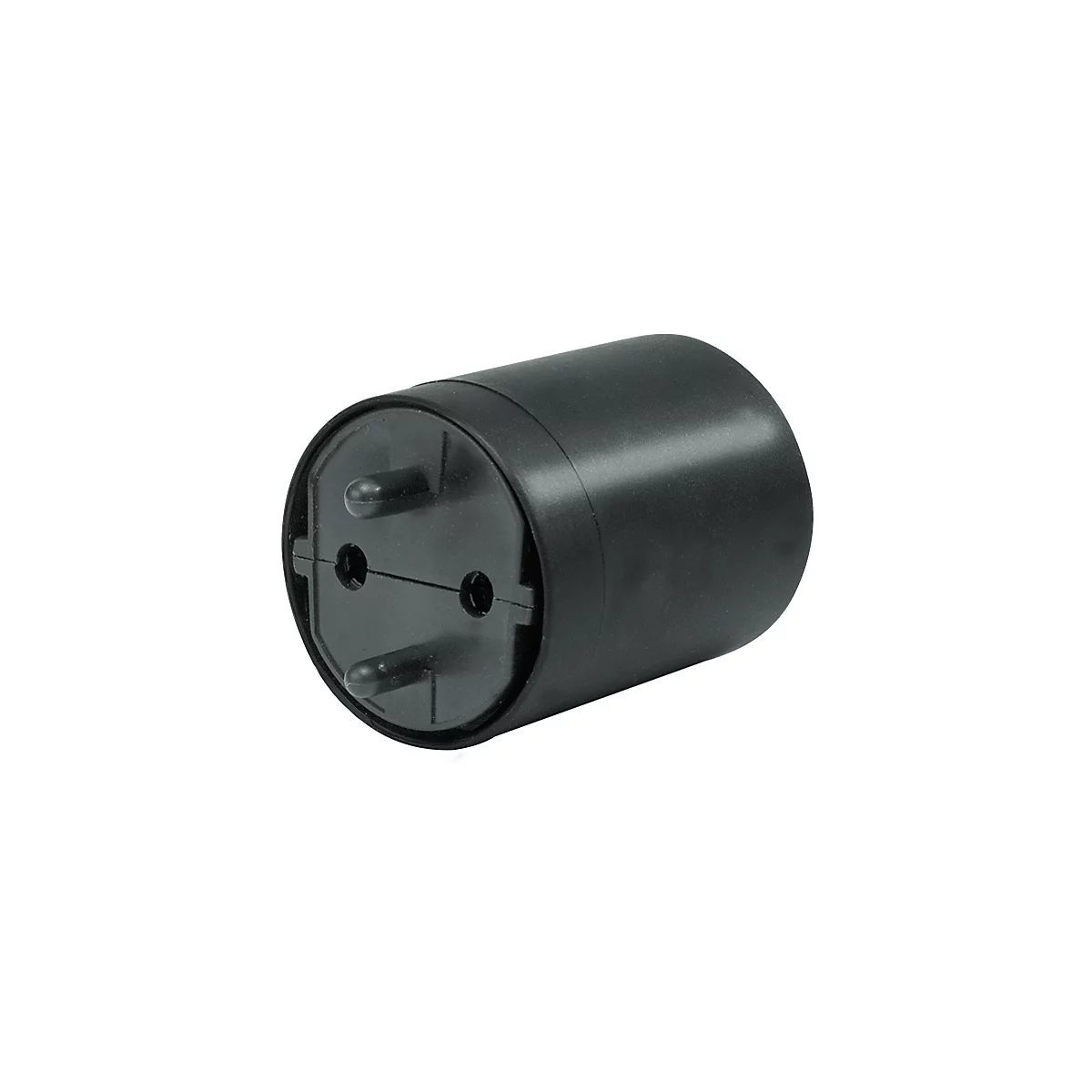 Black plug with two pins and two holes. The cylindrical body is also black.