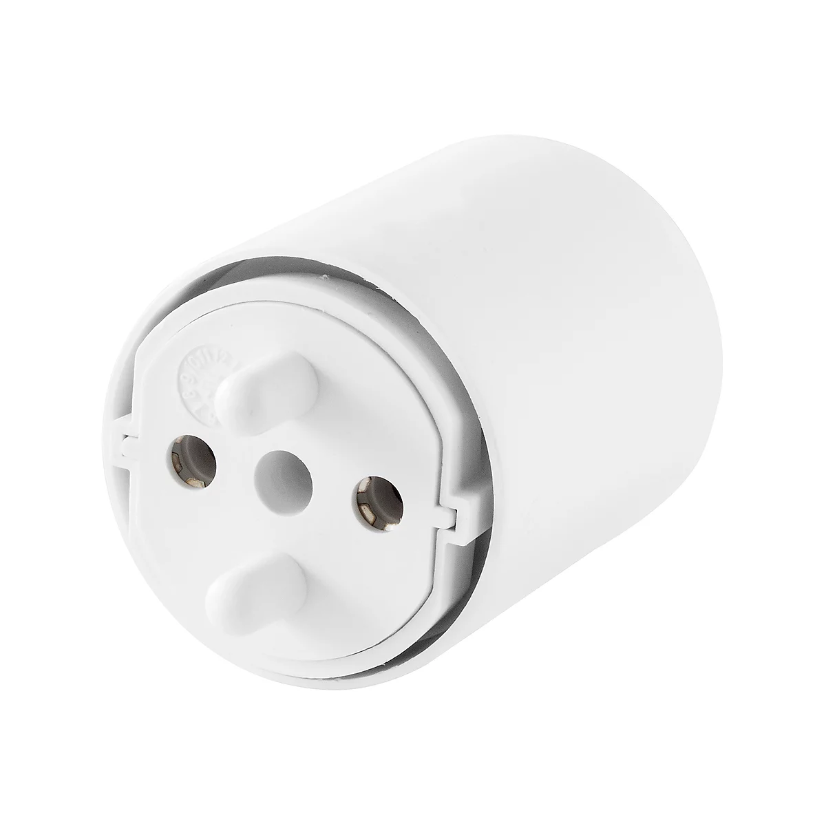 Close-up of a white outlet adapter, with three pins and two holes.