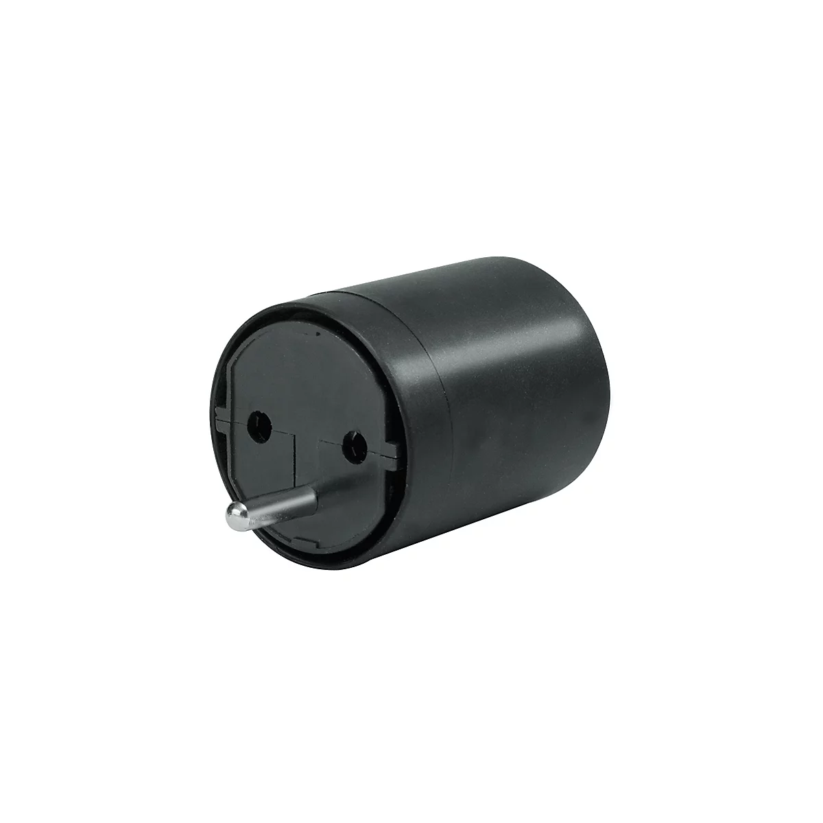 A black Euro plug with two holes and a metal pin.