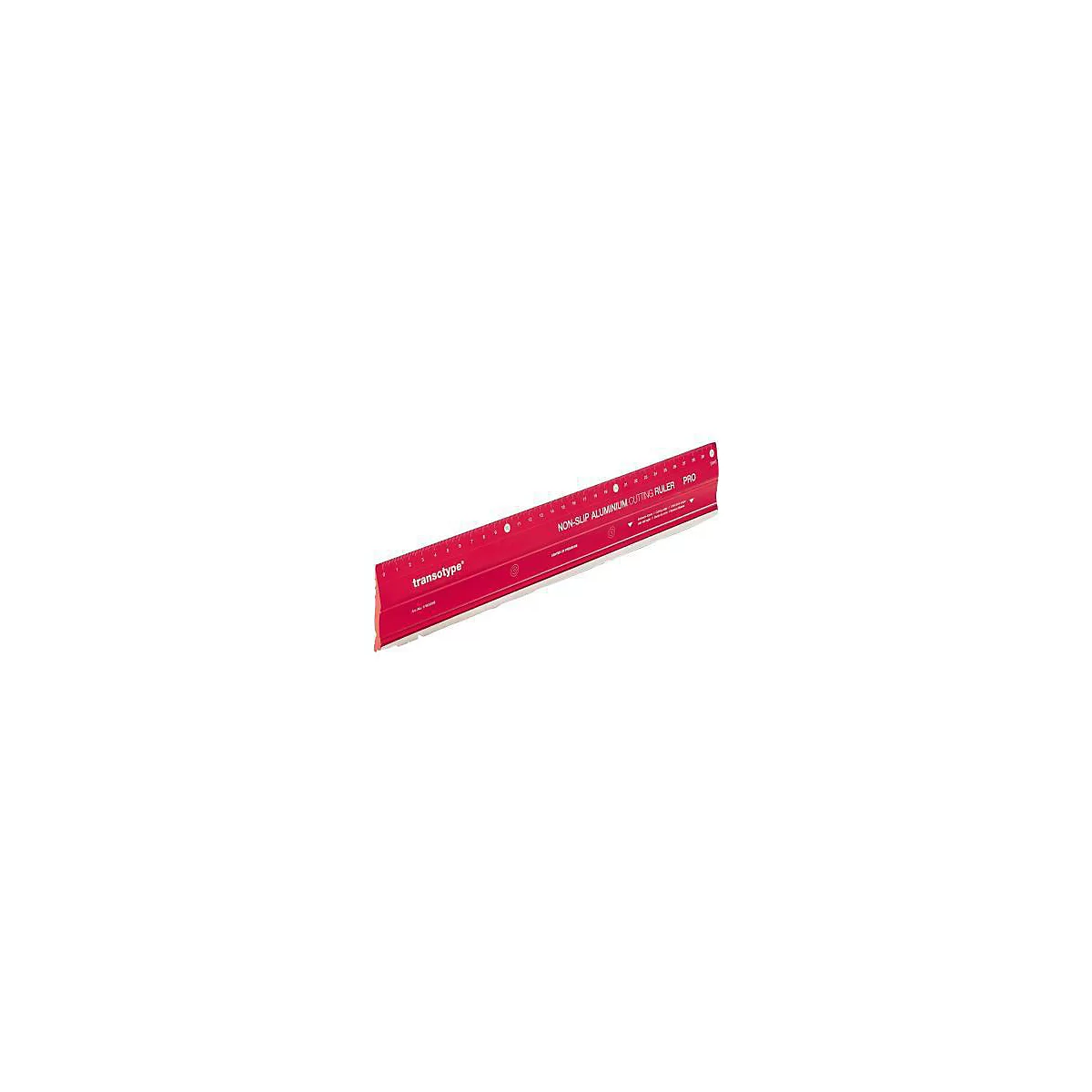 Règle rouge, texte 'transotype', texte 'NON-SLIP ALUMINIUM CUTTING RULER PRO'. Échelle, bord antidérapant blanc.
