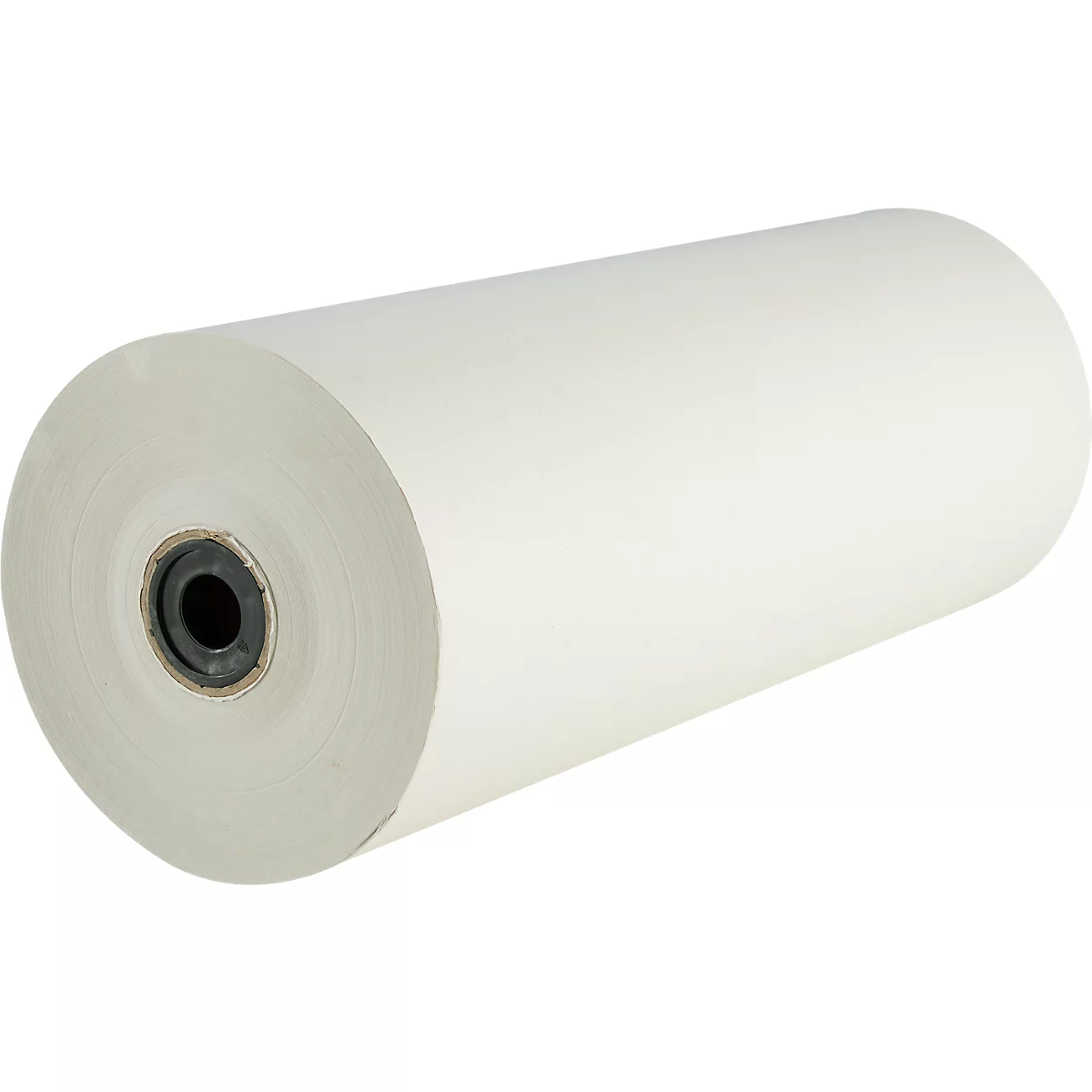 Rolle weißes Papier. Blick auf die Seite mit Loch, die Rolle zeigt in diagonaler Perspektive.