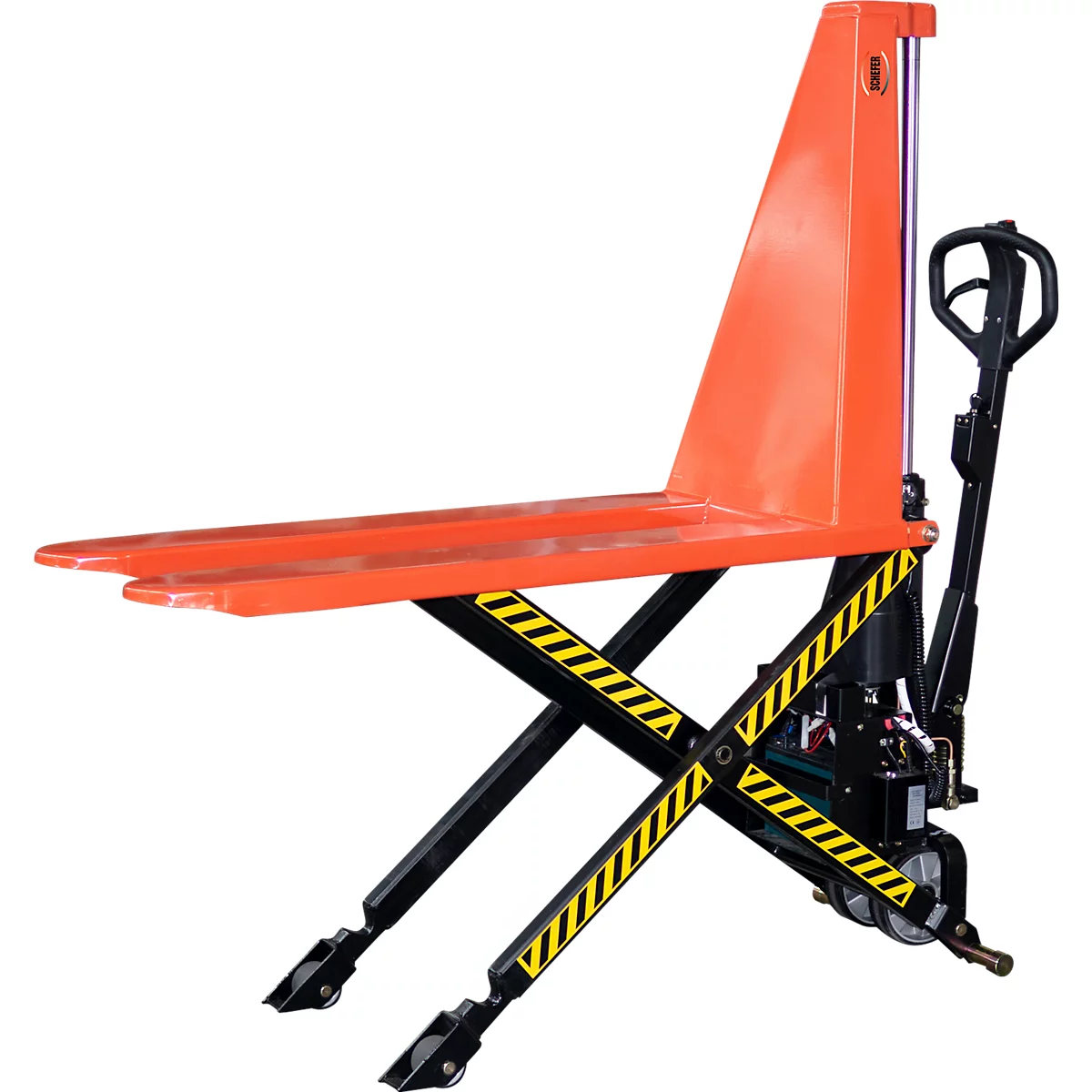 Transpalette à ciseaux Schefer électrique SHW Premium 10 E, à déplacement manuel, capacité 1000 kg, longueur des fourches 1170 mm, hauteur de levage 800 mm