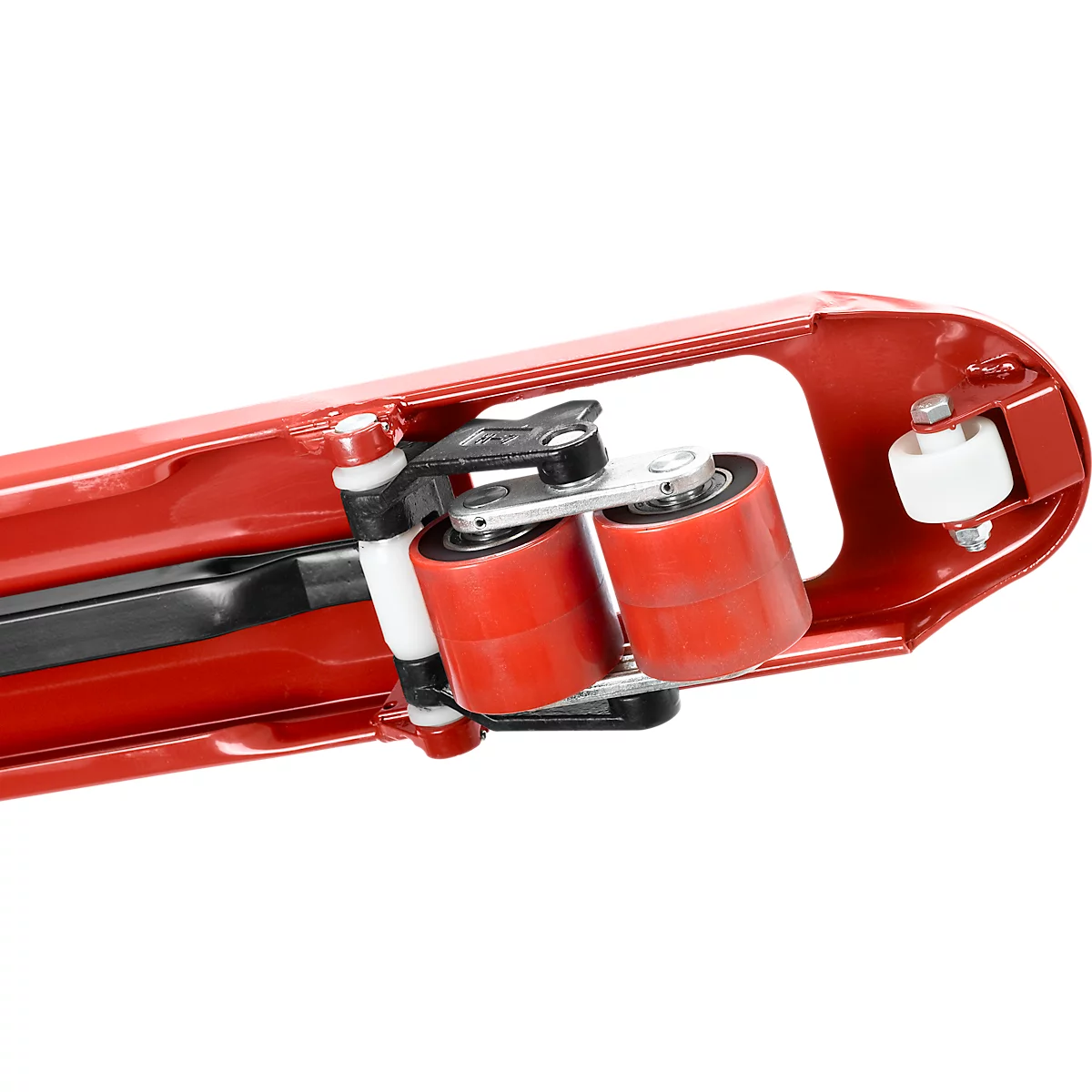 Transpalette - commande manuelle de levage - L 1550 x l. 540 x H 1200 mm - capacité de charge jusqu'à 2500 kg - fourche et roulettes pivotantes – rouge - notre marque Schäfer Shop Pure