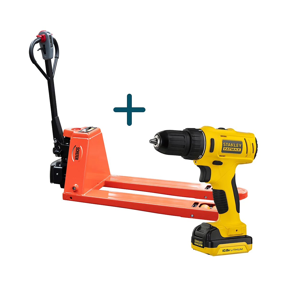 Transpalette orange et perceuse sans fil jaune avec signe plus pour symboliser une combinaison d'outils.