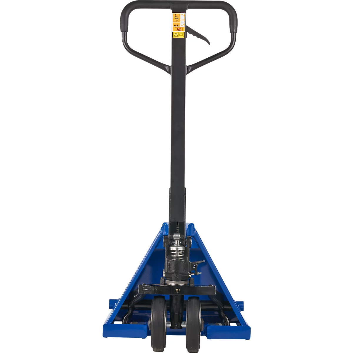 Transpalette, manuel, roues pivotantes en caoutchouc, roues tandem en nylon, longueur des fourches 1150 mm, jusqu'à 2500 kg, bleu