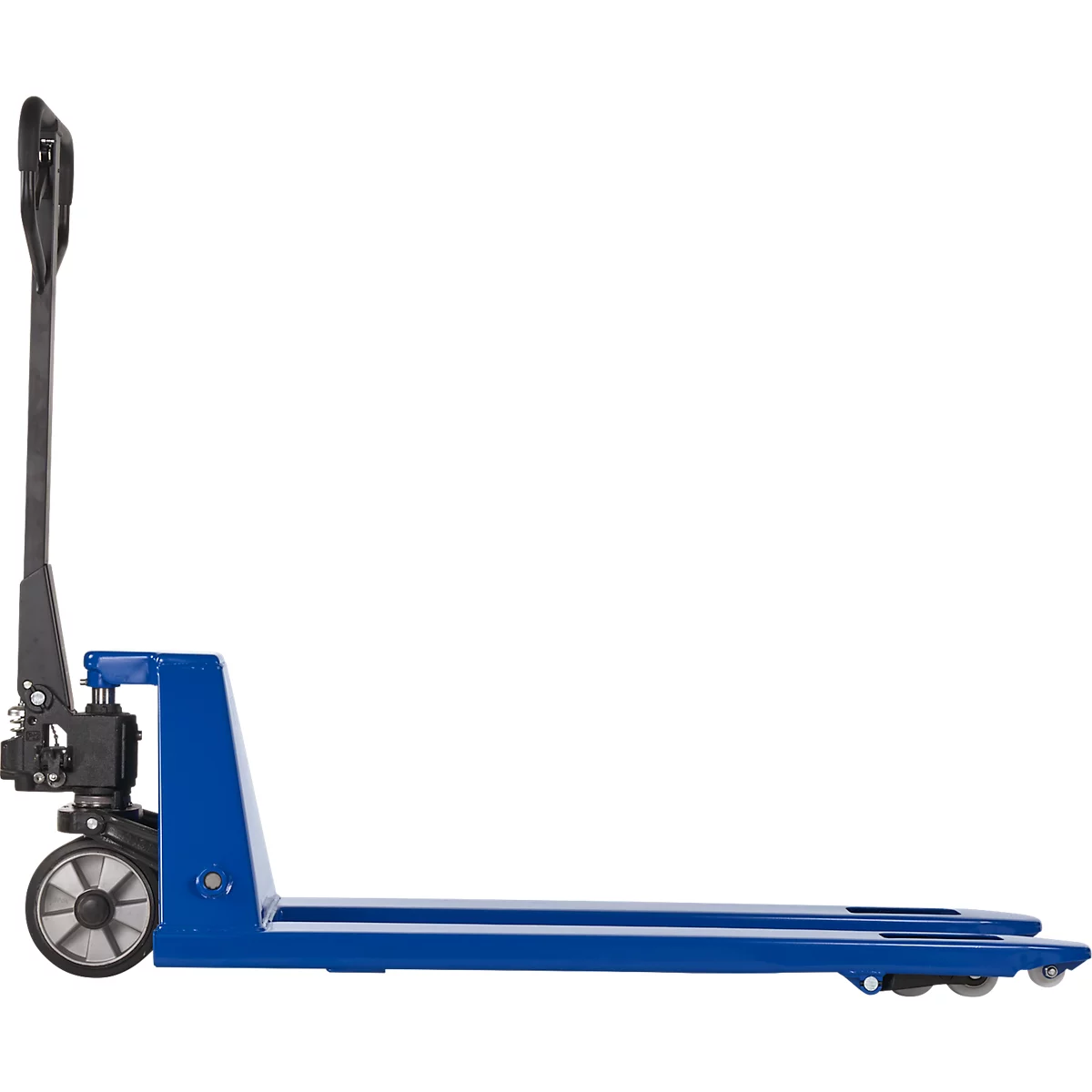Transpalette, manuel, roues pivotantes en caoutchouc, roues tandem en nylon, longueur des fourches 1150 mm, jusqu'à 2500 kg, bleu