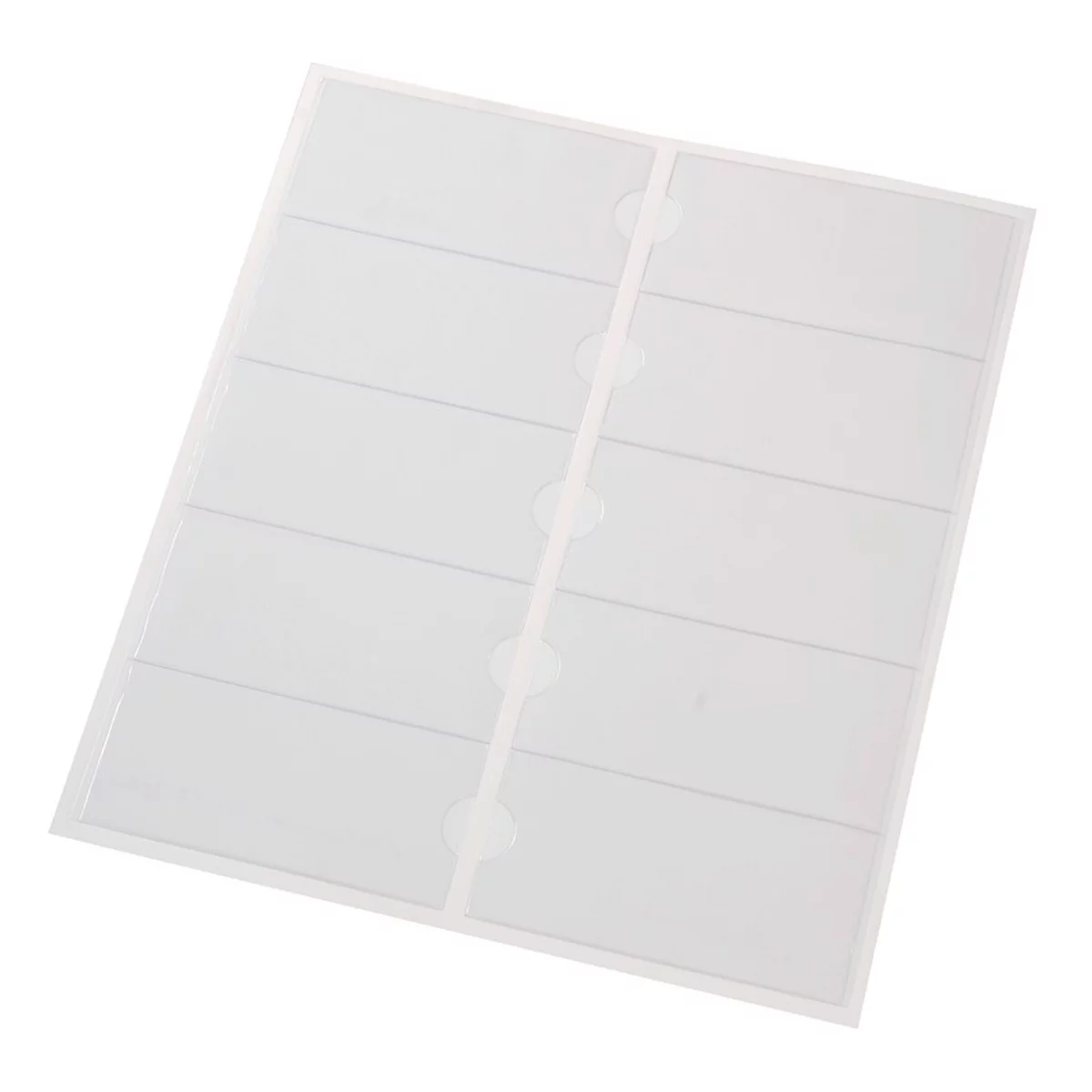 A sheet of labels with horizontal rectangles on a transparent background. Circular holes are visible on the side.