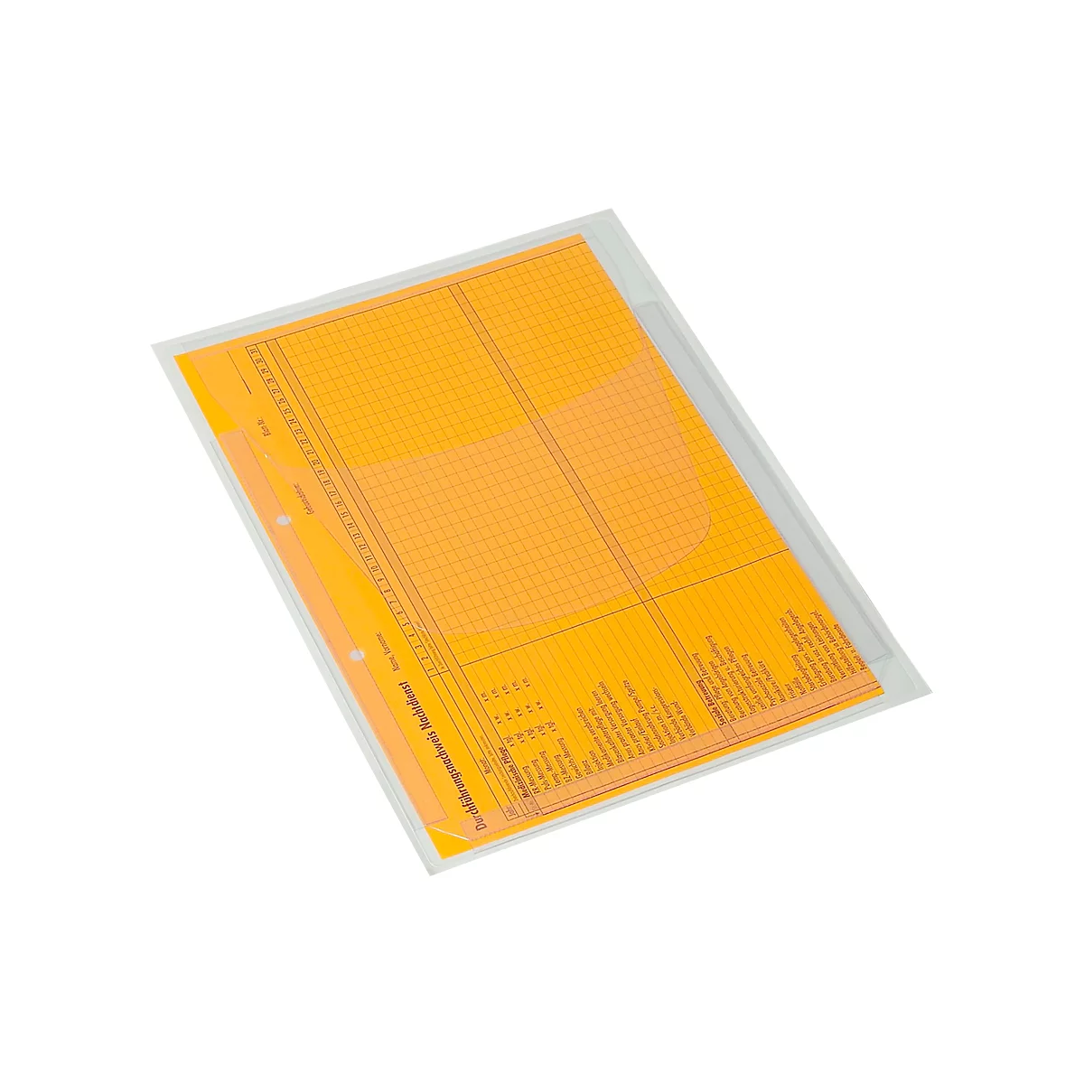 Yellow document in a transparent protective sleeve, with grey grid lines and text.