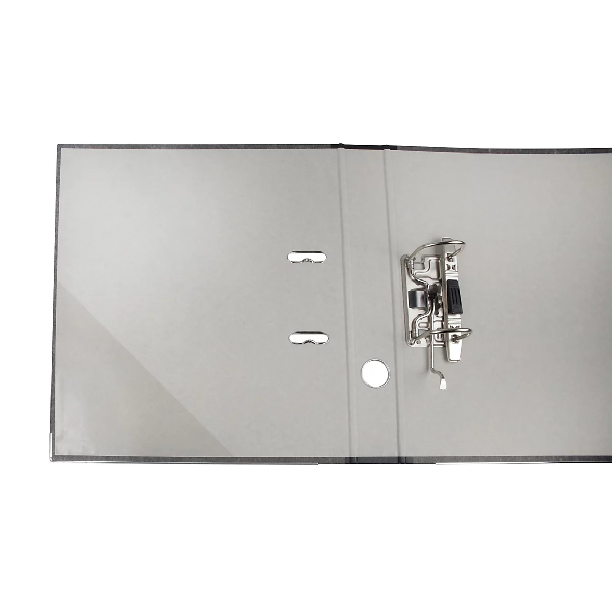 Grey file folder, open. The metal brackets are visible on the right. Two holes for binding.