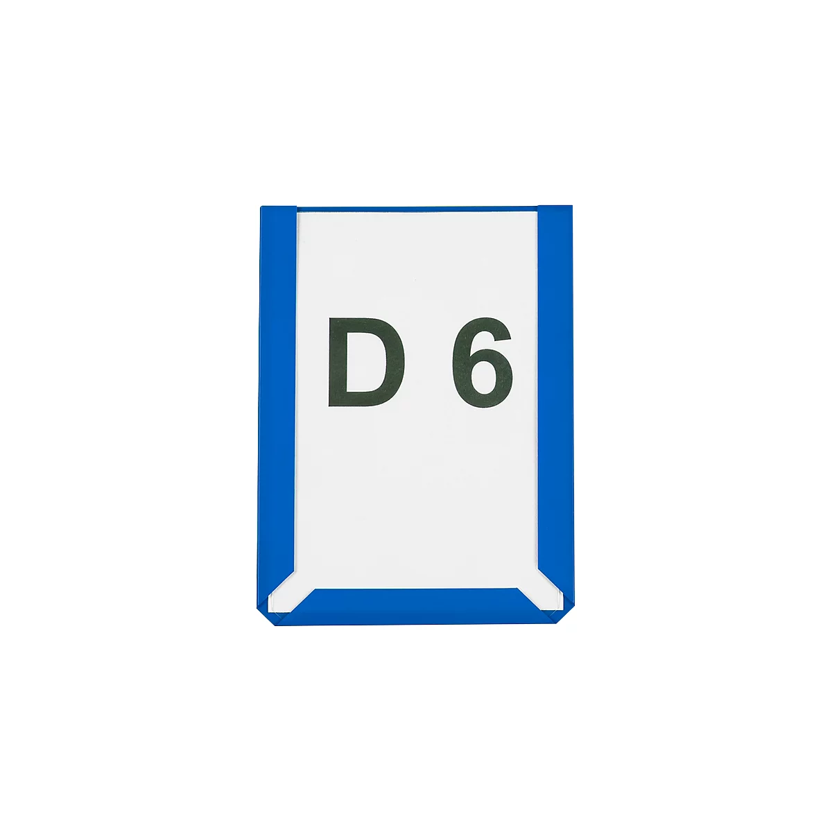 A white card with a blue frame, displaying the letters "D 6" in dark green font.