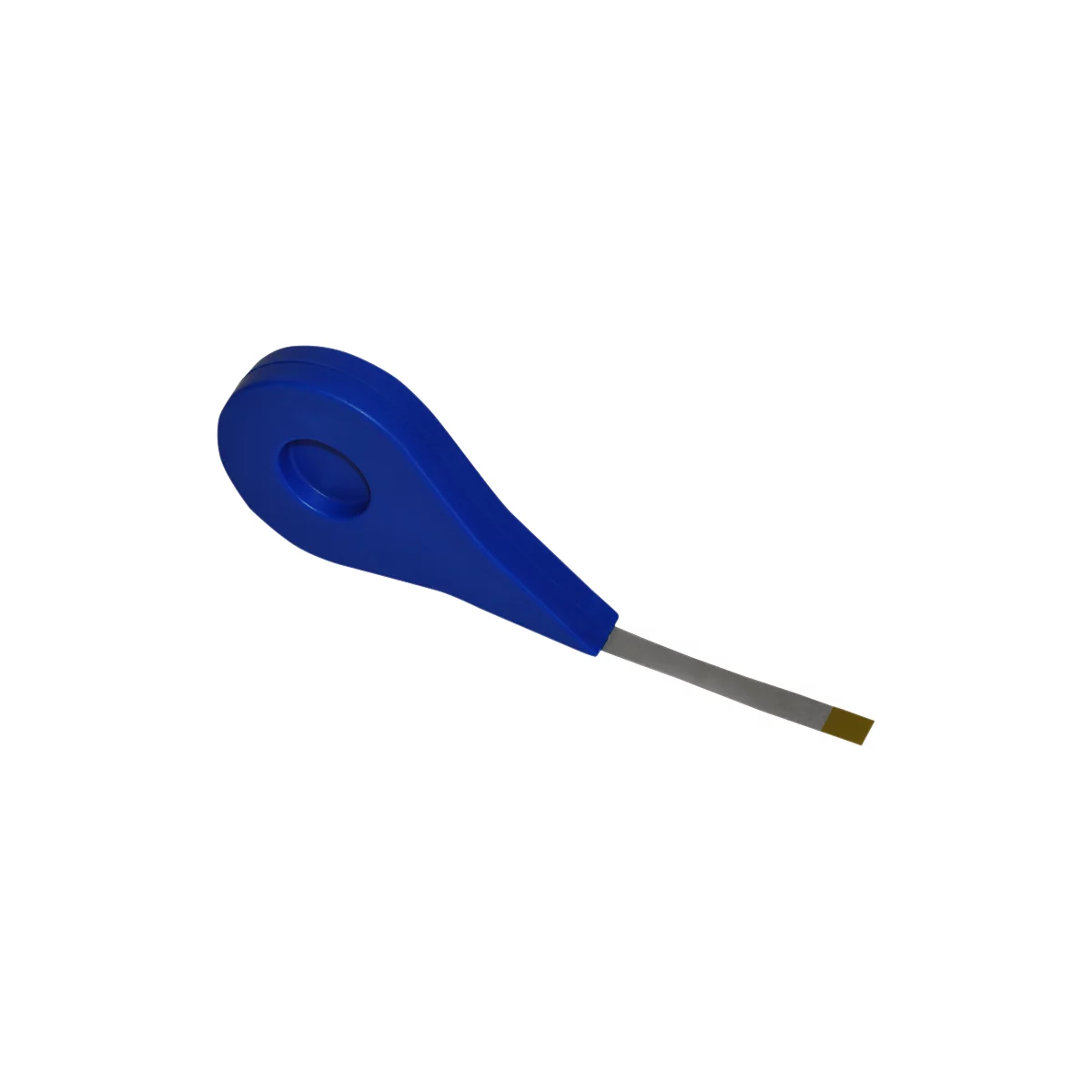 Blue plastic tool with long handle and metal blade. It has a round recess at the head.