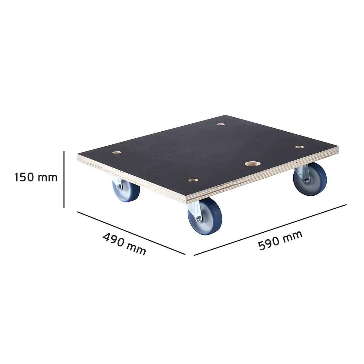 Black transport plate on wheels, dimensions 590 x 490 x 150 mm. Angular shape with four wheels and holes.